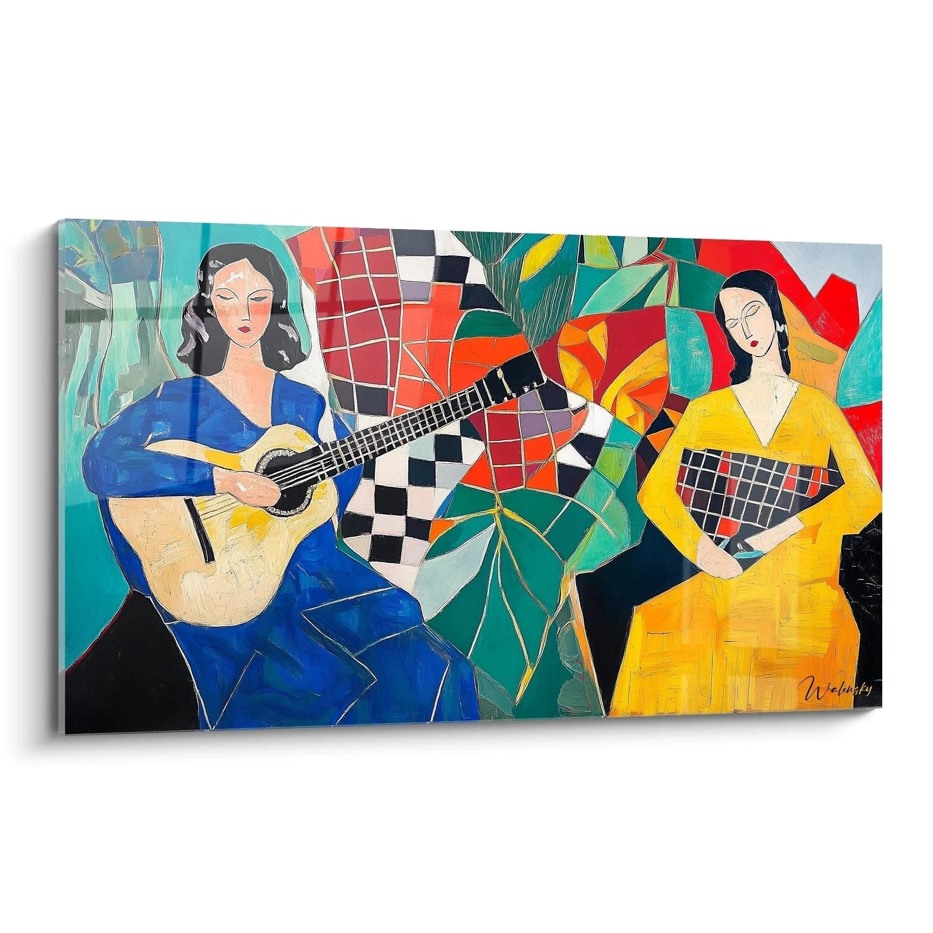 Wandbild zwei Musikerinnen Matisse Stil mit Gitarre und geometrischen Formen in Blau Gelb