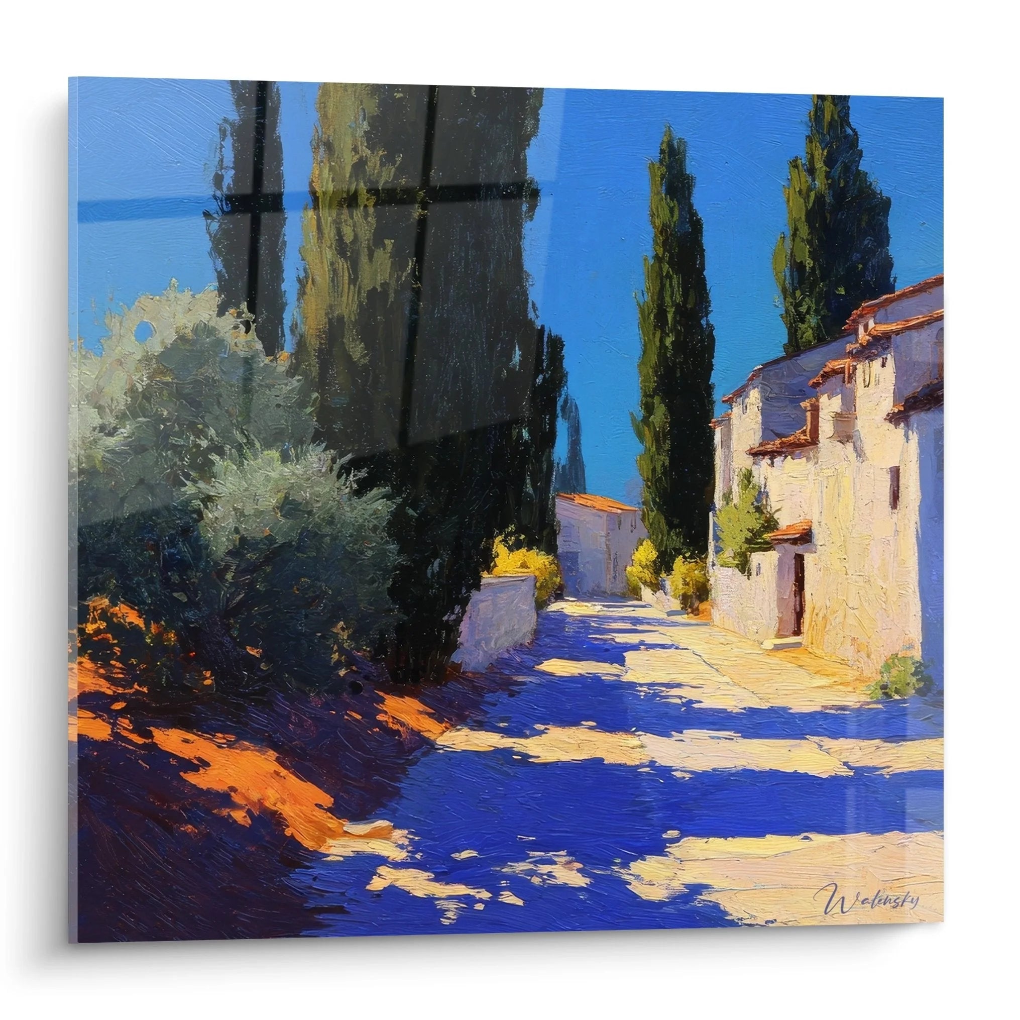 Wandbild mediterrane Dorfstraße mit Zypressen und sonniger Gasse in warmen Farbtönen