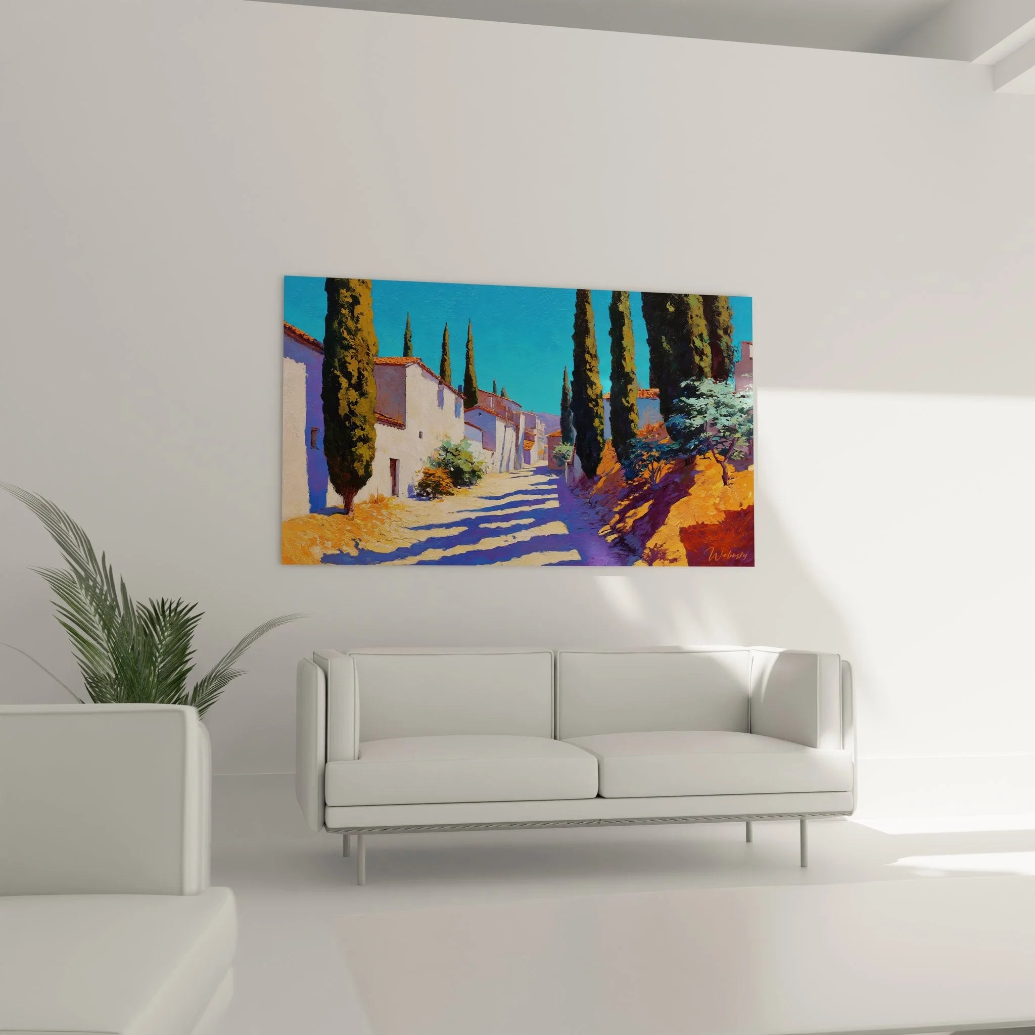 Detailansicht Wandbild mediterrane Gasse - Zypressen und Häuser Nahaufnahme Landschaftskunst