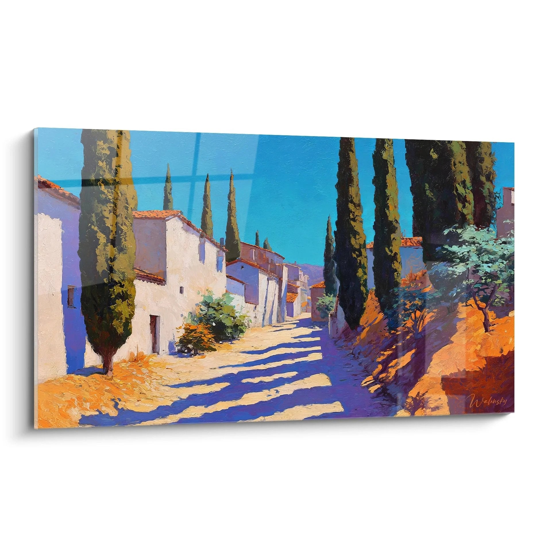 Wandbild mediterrane Gasse mit Zypressen und weißen Häusern - Edition Landschaft Wandkunst
