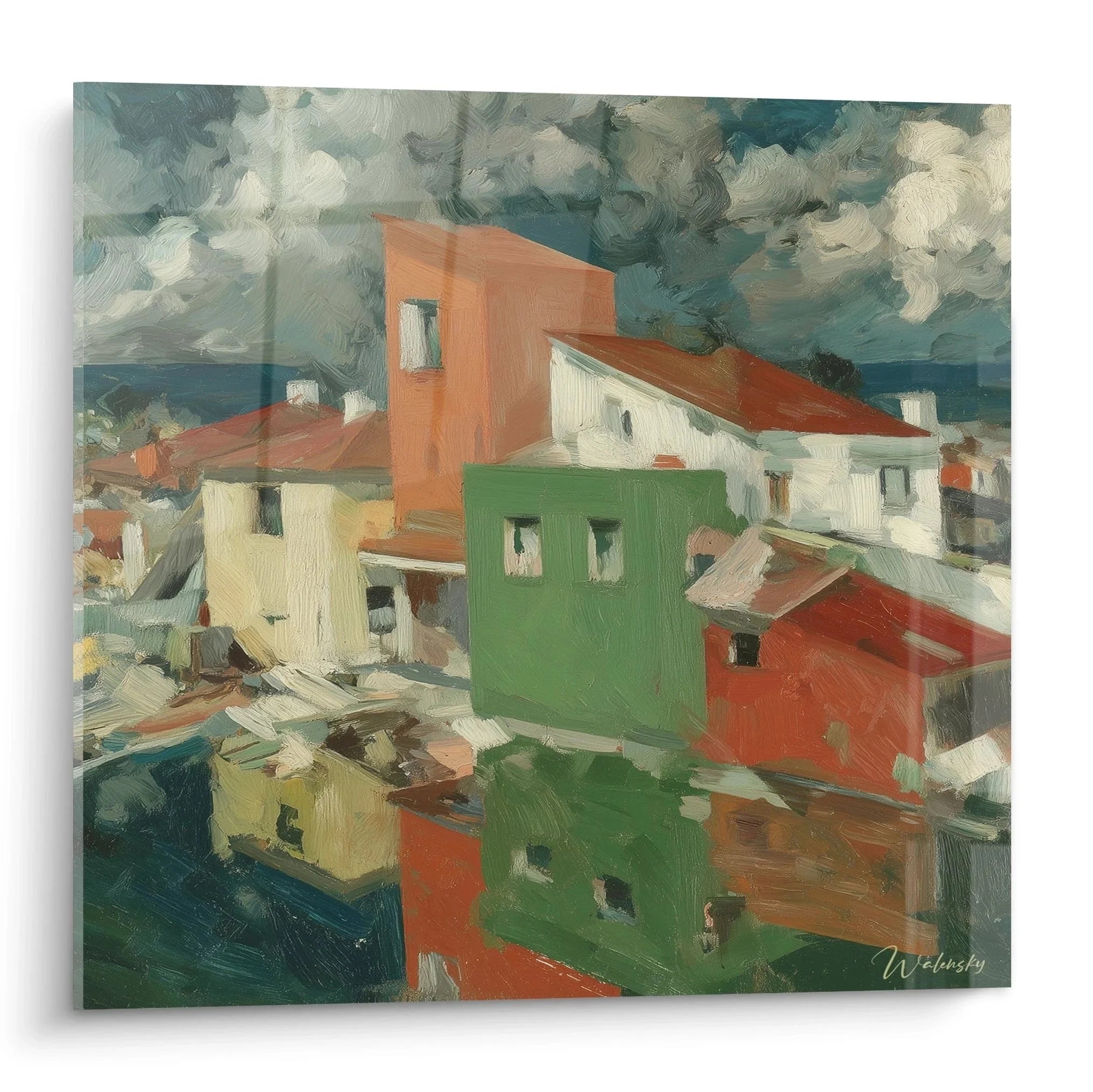 Wandbild mediterrane Häuser in dadaistischem Stil mit bunten Dächern und dramatischem Himmel