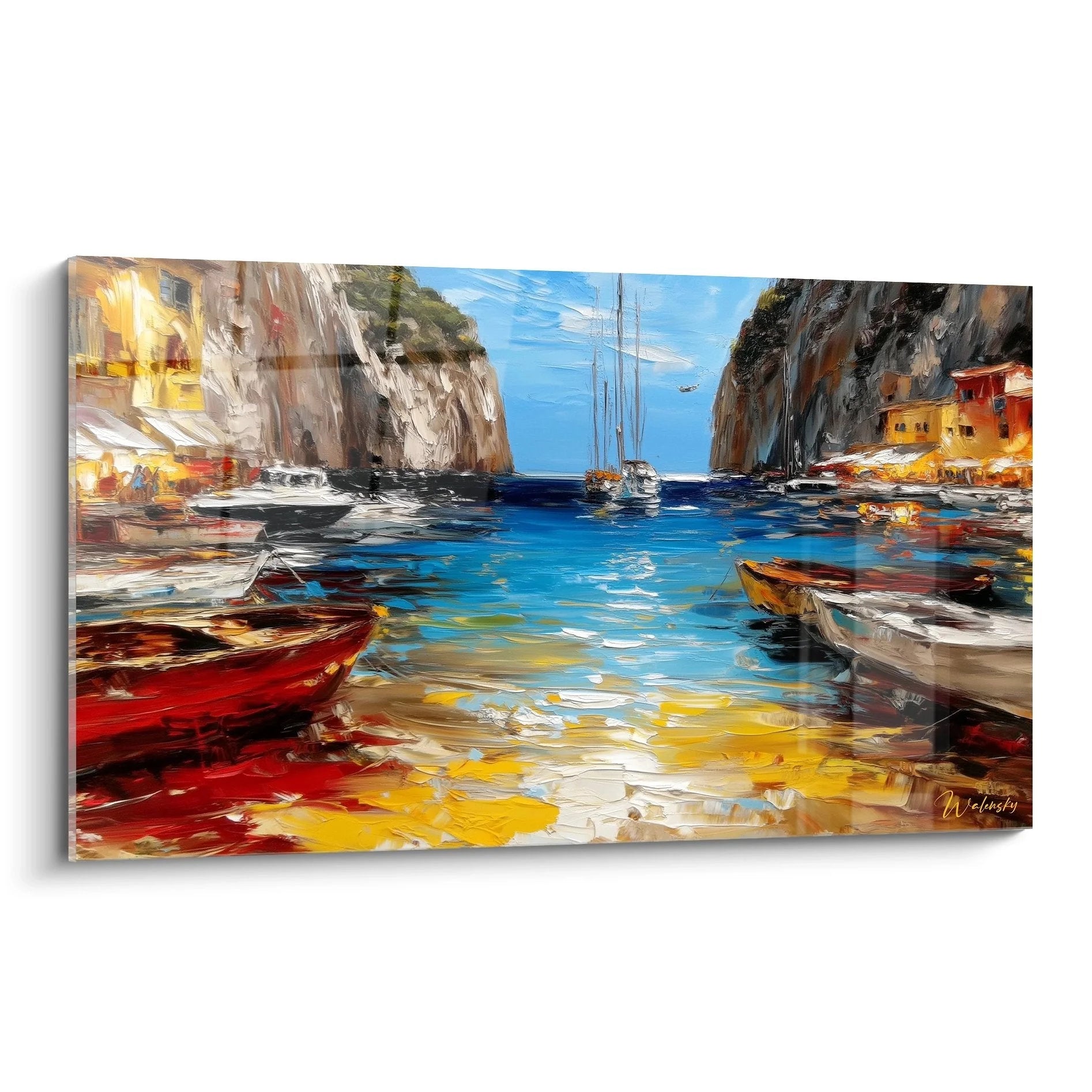 Wandbild mediterrane Hafenbucht mit bunten Fischerbooten zwischen Felsklippen