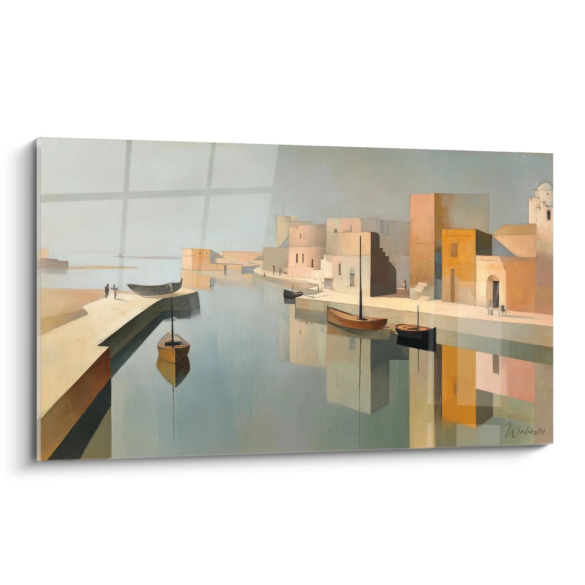 Wandbild mediterrane Hafenstadt mit Booten und Spiegelungen im Wasser, warme Erdtöne