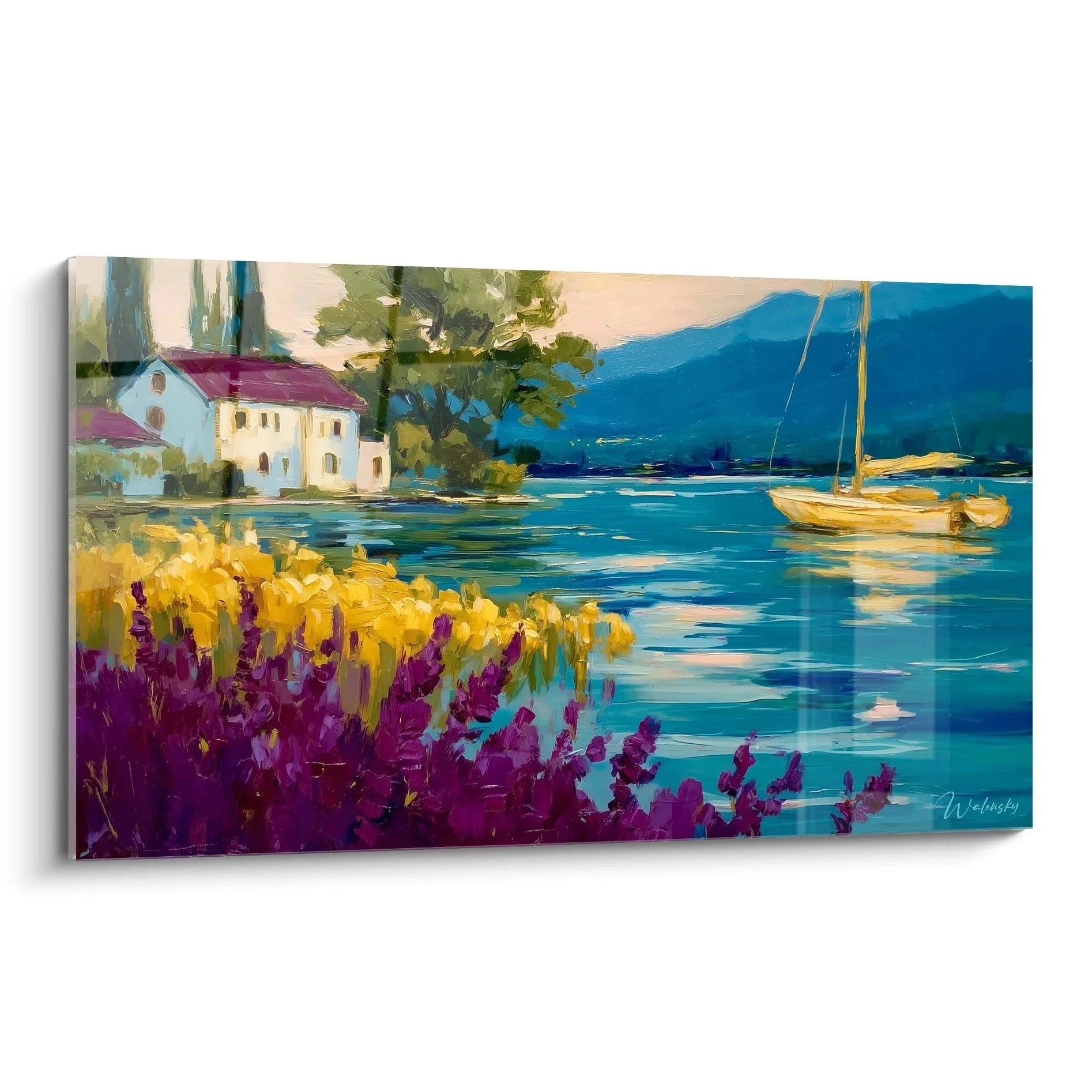 Wandbild mediterrane Küstenlandschaft mit Segelboot, Blumenfeld und Bergen im Impressionismus Stil