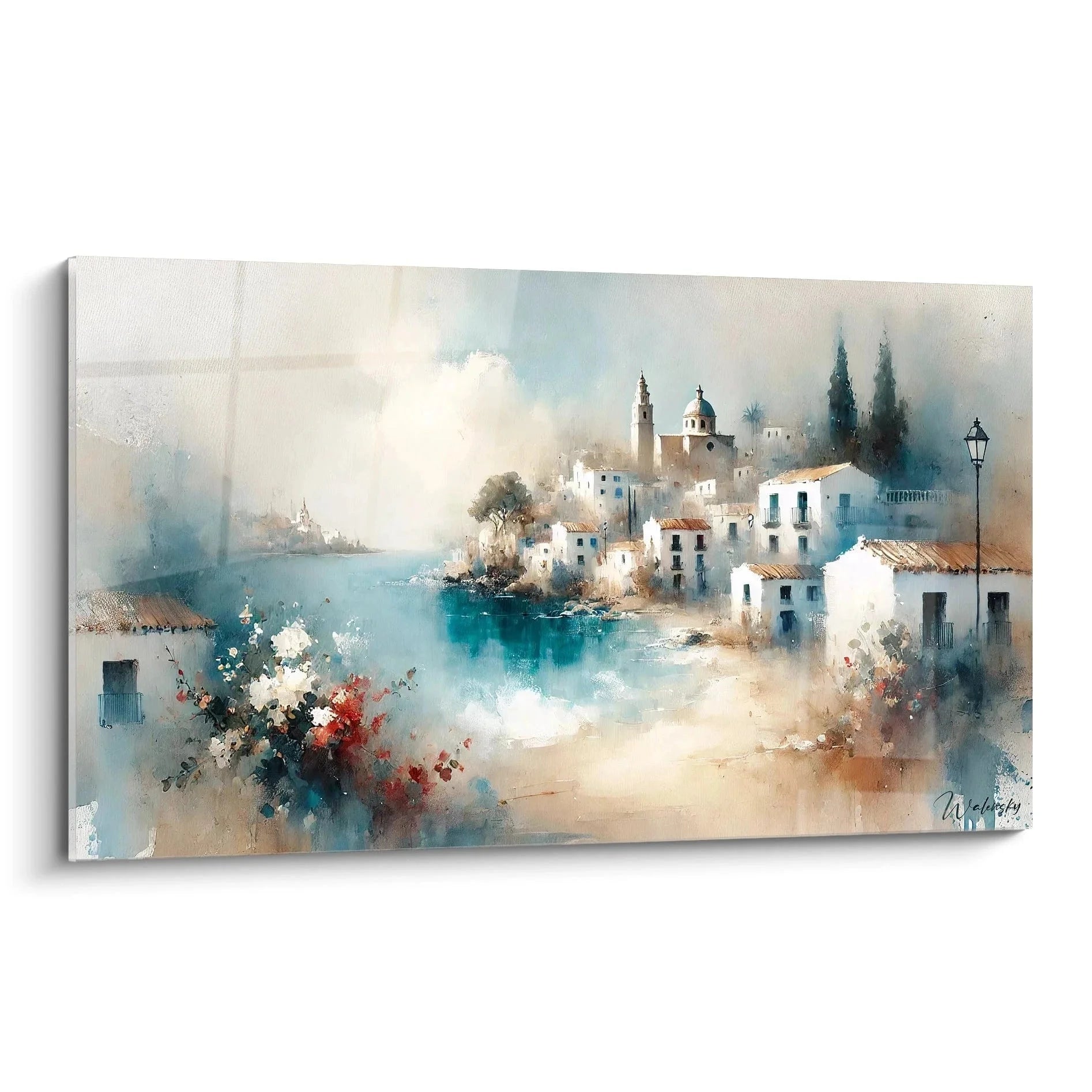 Wandbild mediterrane Küstenstadt Aquarell Kunstdruck spanisches Dorf am Meer Wanddekoration