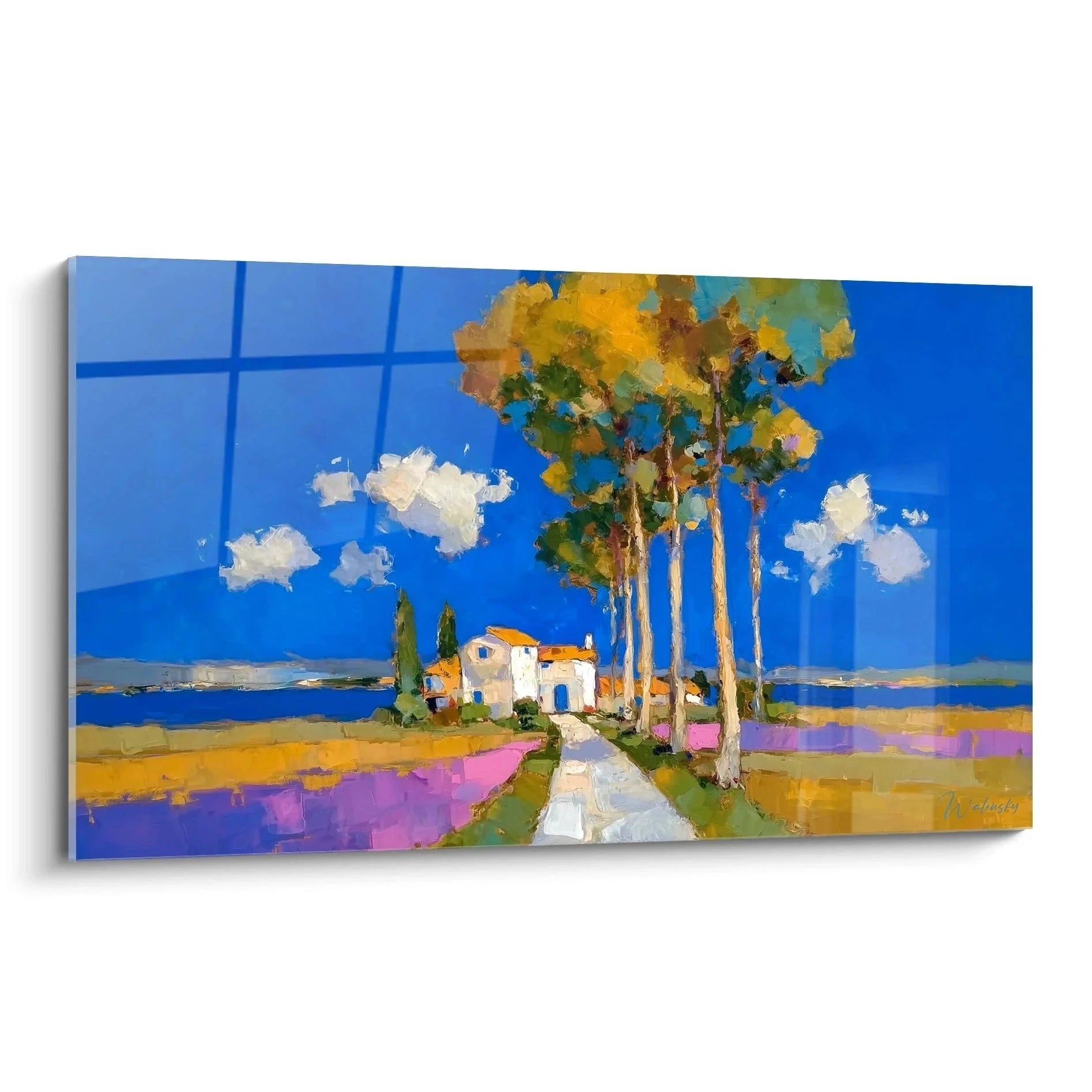 Wandbild mediterrane Landschaft mit Palmen und Küstenweg im impressionistischen Malstil