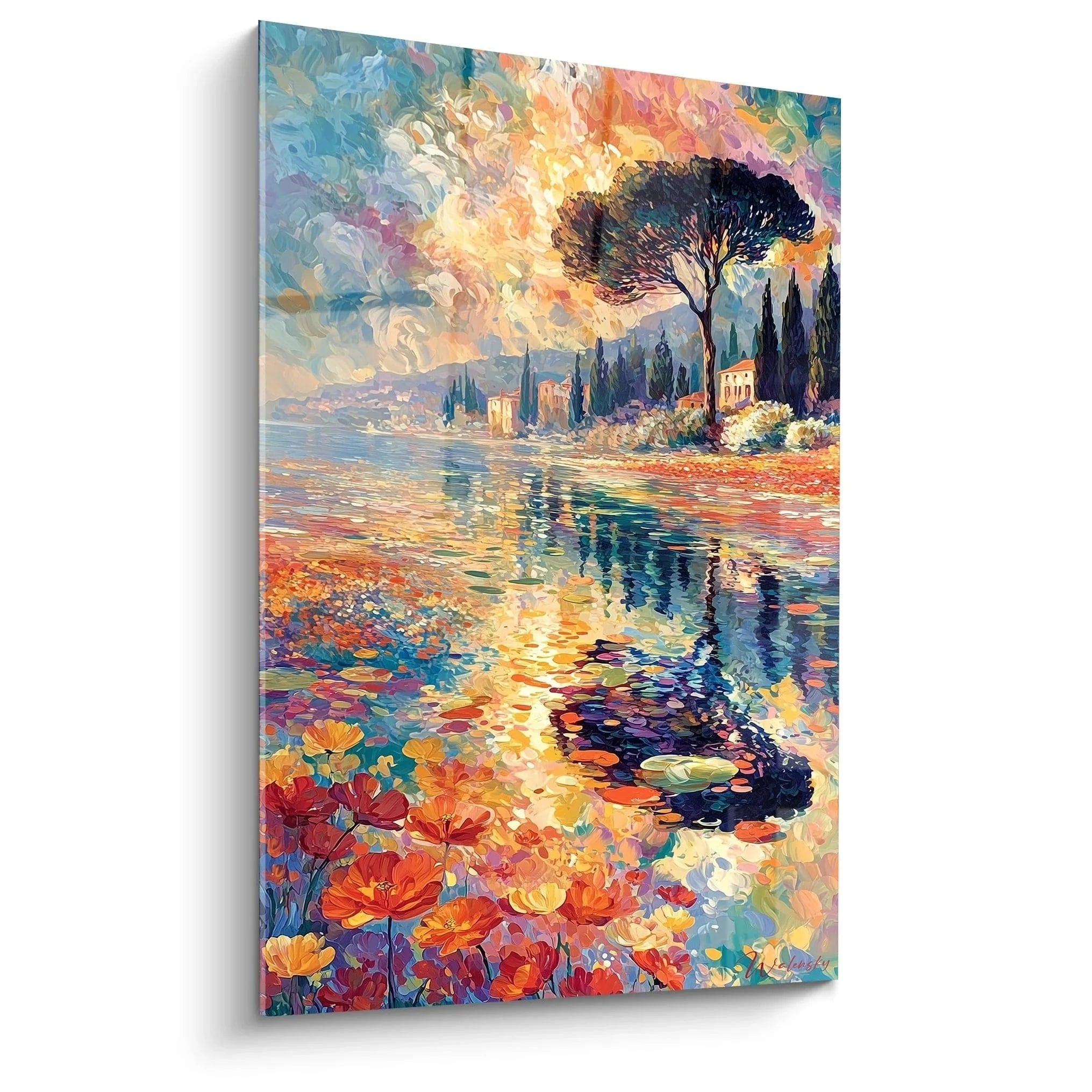 Wandbild mediterrane Landschaft Pointillismus mit Seenreflexion und Mohnblumen im impressionistischen Stil
