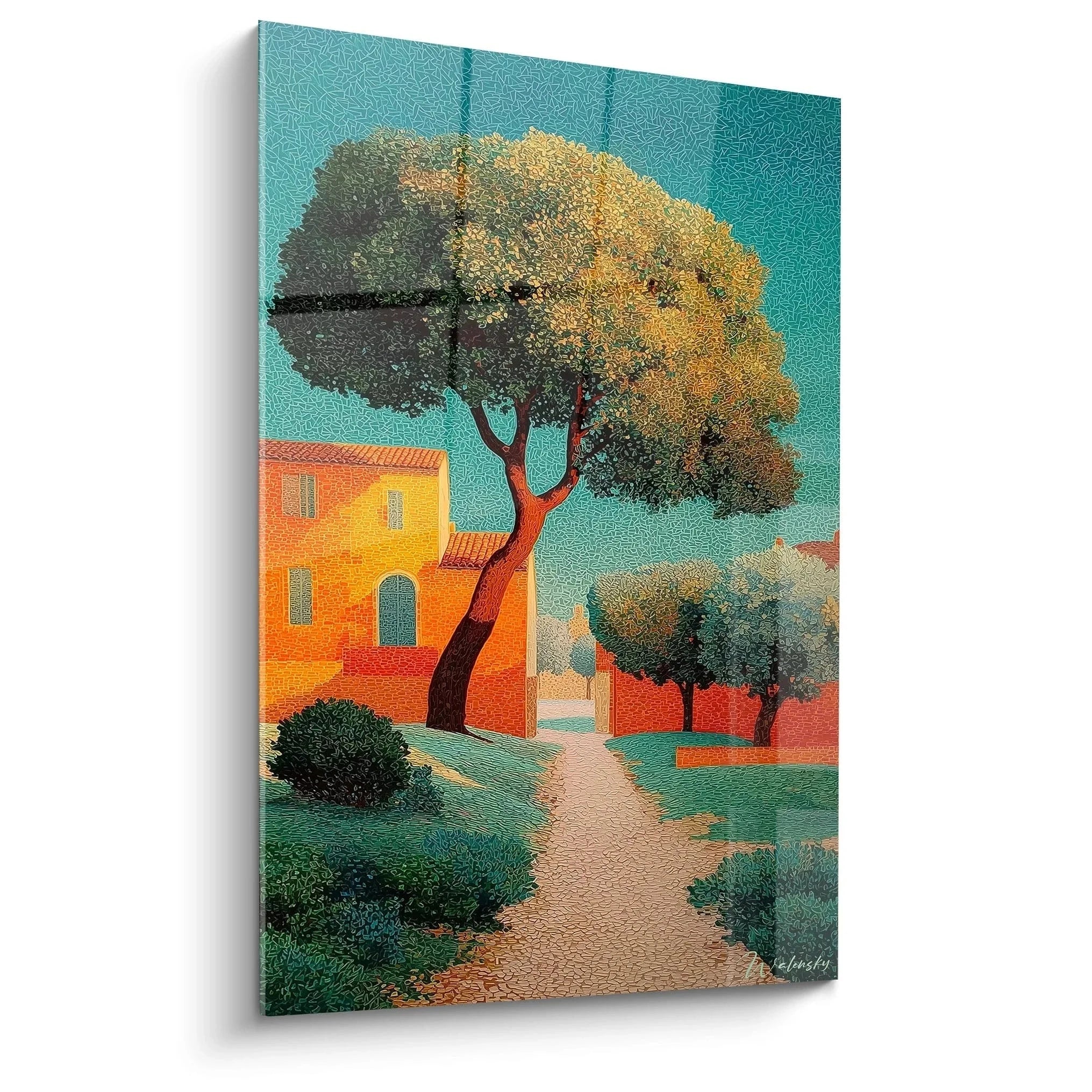 Wandbild mediterrane Landschaft Pointillismus mit tuskanischem Dorf und Pinienbaum in warmen Farbtönen