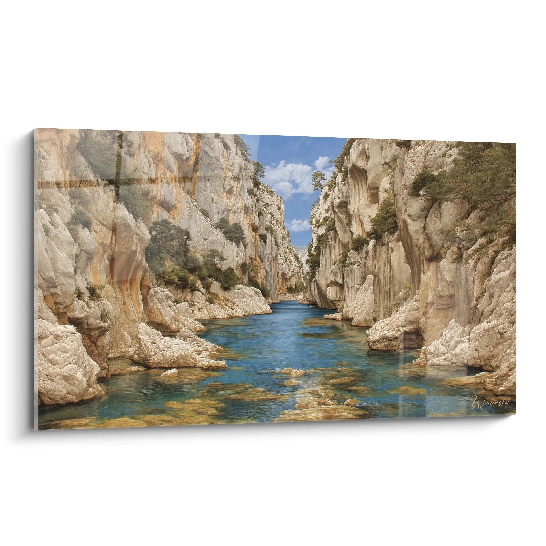 Wandbild mediterrane Schlucht mit azurblauem Wasser zwischen weißen Kalksteinfelsen - Calanque Kunstdruck