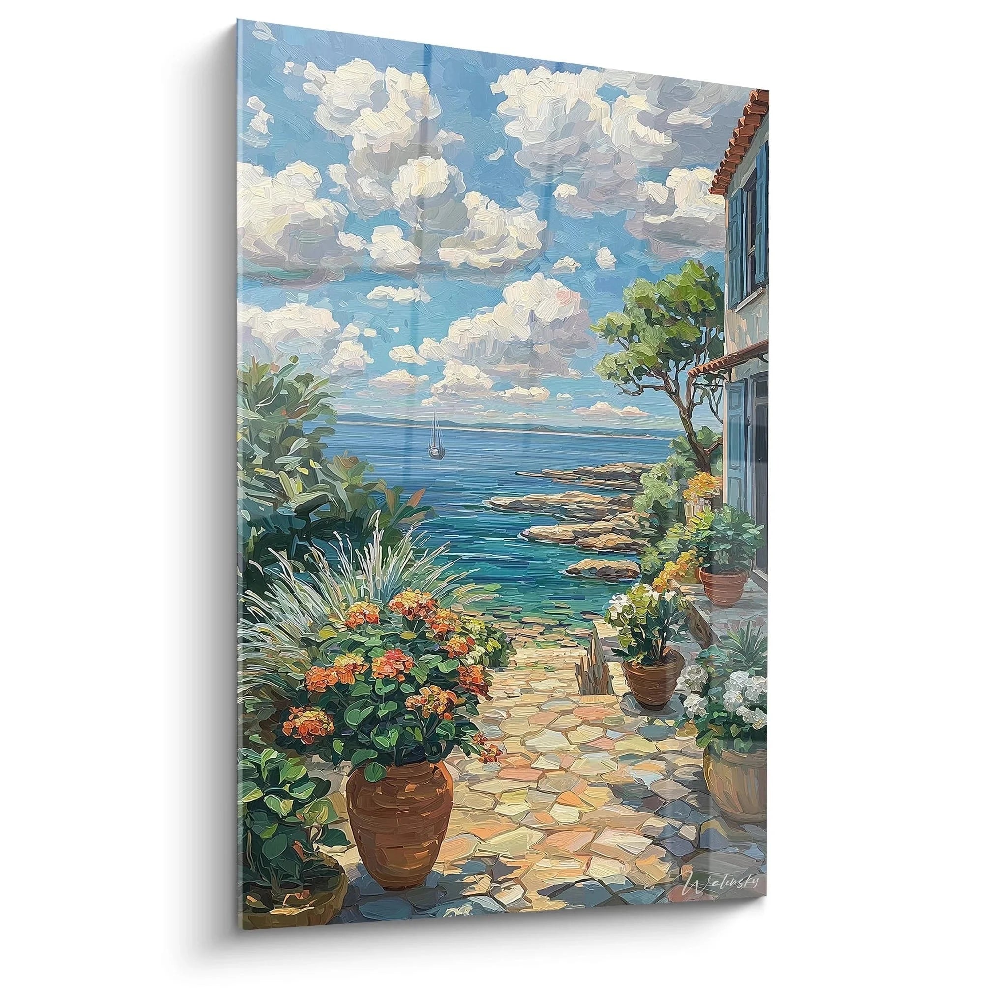 Wandbild mediterrane Terrasse mit Meerblick, Blumentöpfe und Steintreppe, Edition Sommer