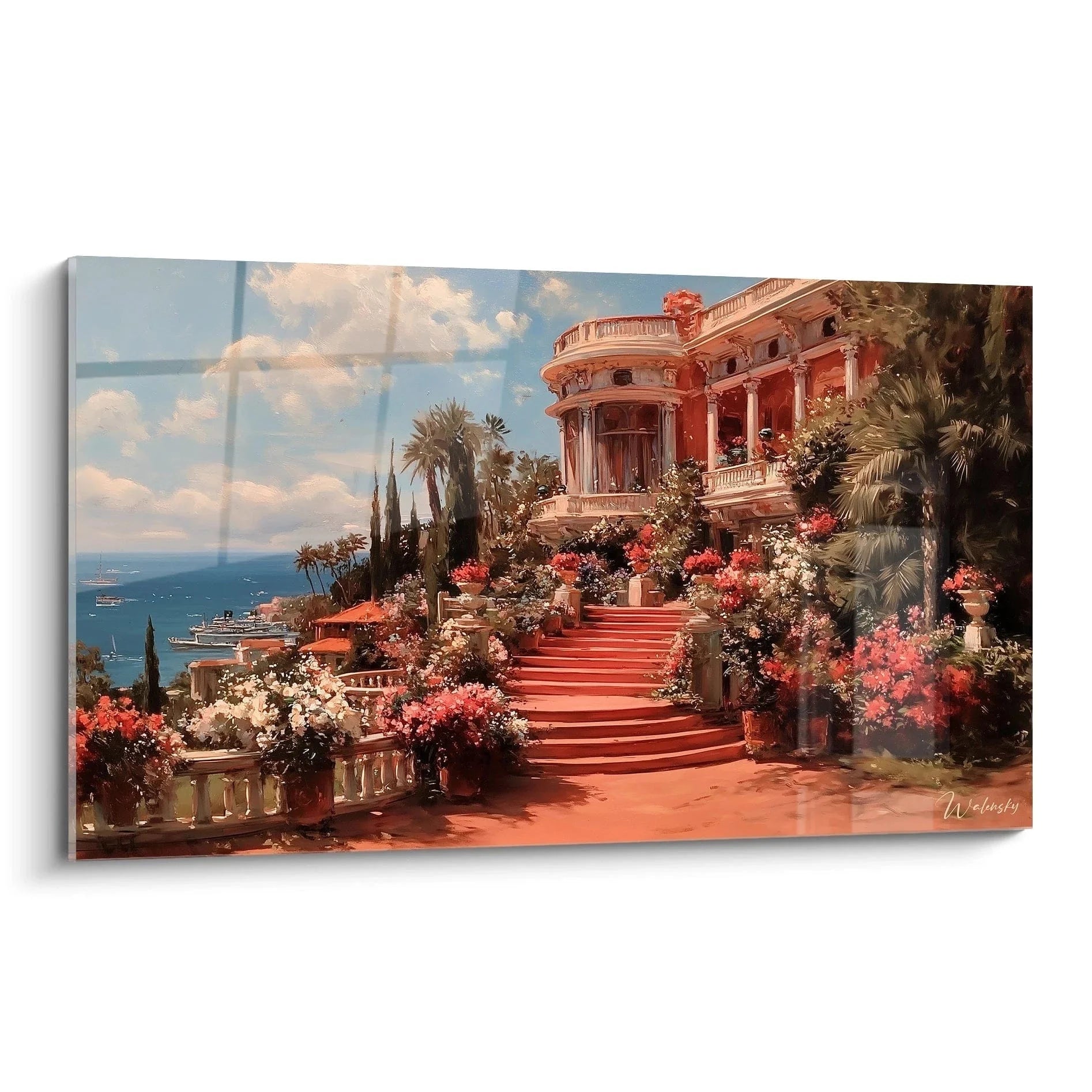 Wandbild mediterrane Villa klassizistisch mit roter Fassade, Blütenpracht und Meerblick im Stil des Klassizismus