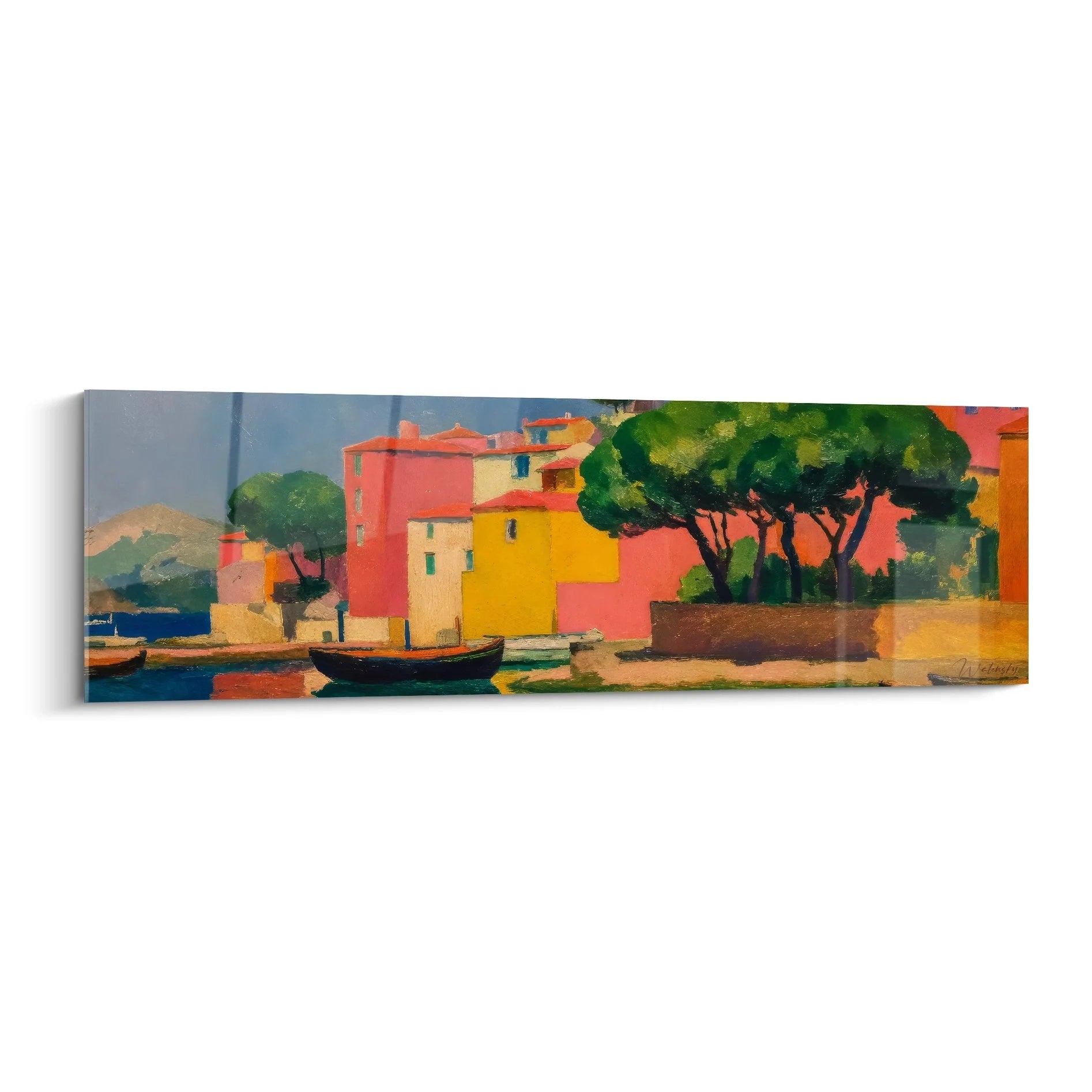 Wandbild mediterraner Hafen mit bunten Häusern und Booten in warmen Farben - Edition Hafen