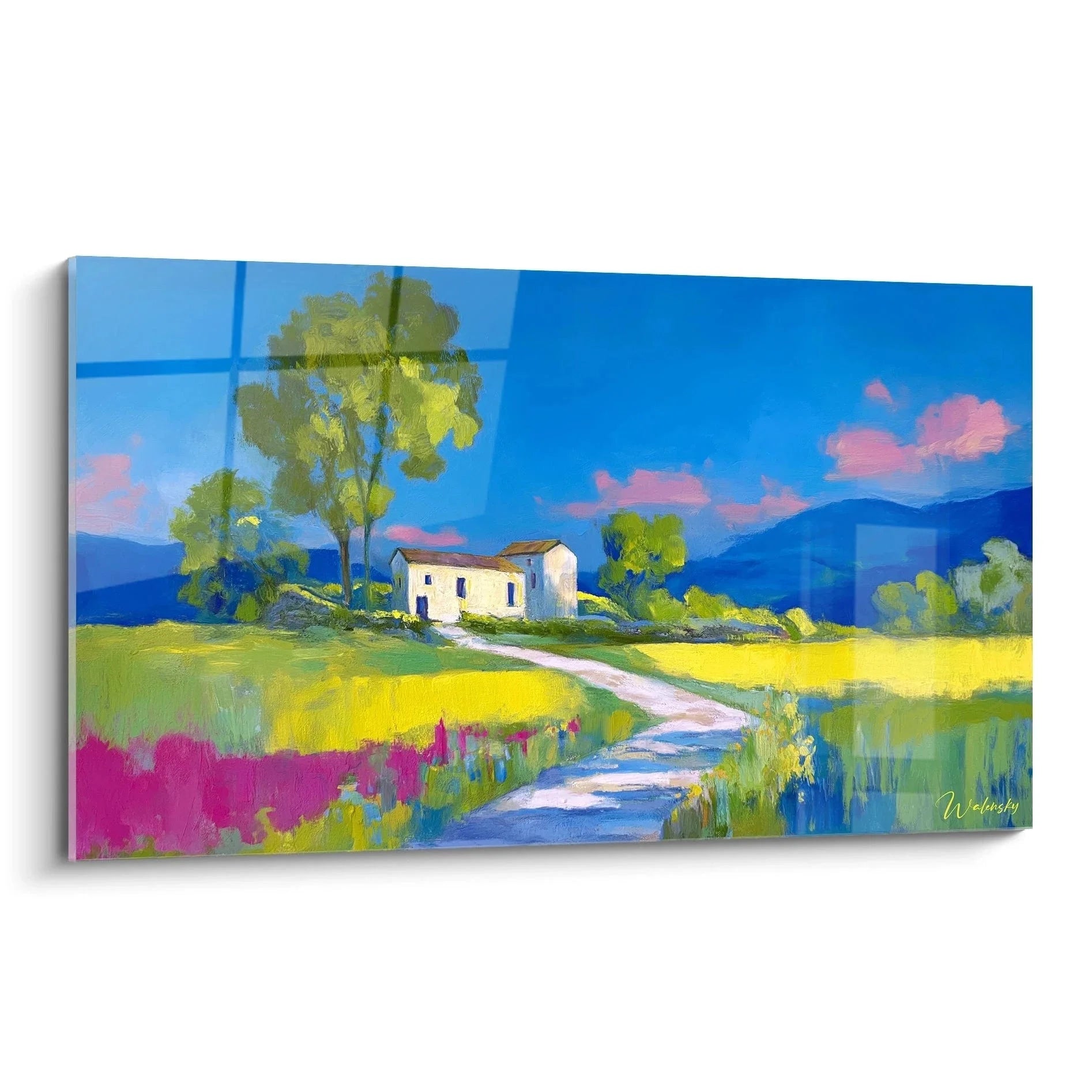 Wandbild mediterranes Landhaus Impressionismus Stil mit Feldweg und Rapsfeld Provence Landschaft
