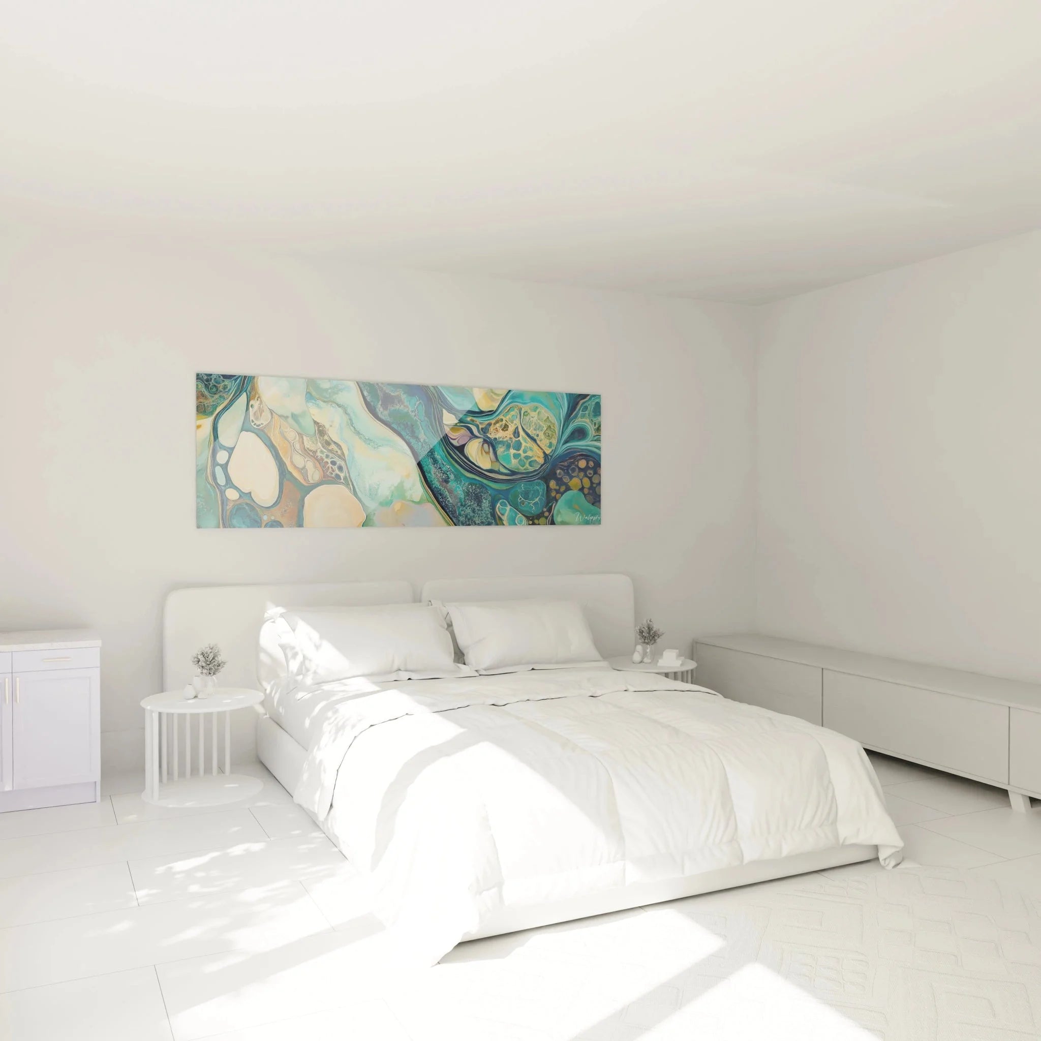 Modernes Wandbild mit abstrakten Meeresformen als Wanddeko im Schlafzimmer