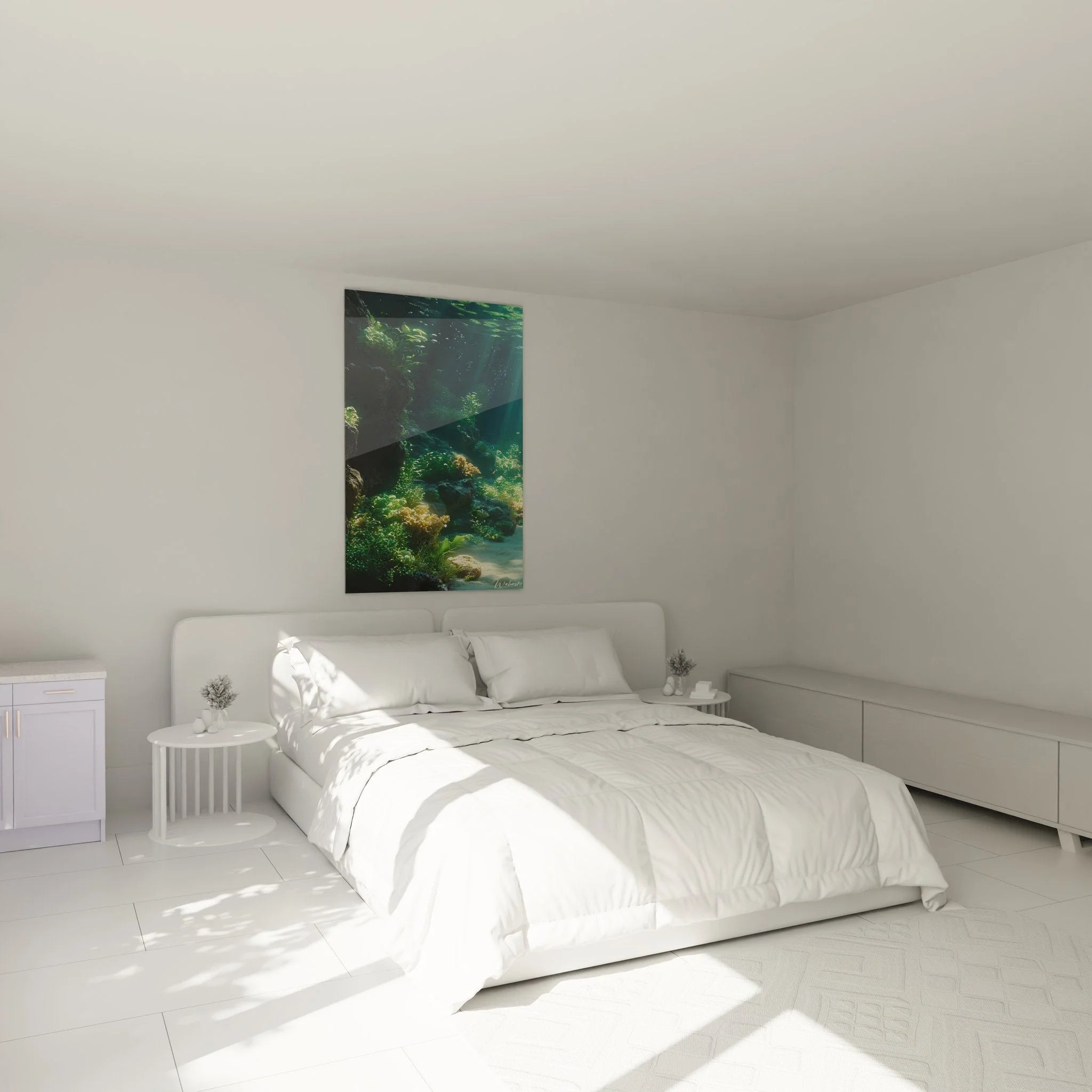 Wandbild Meeresgrotte in modernem Schlafzimmer, Unterwasser Wanddekoration über dem Bett
