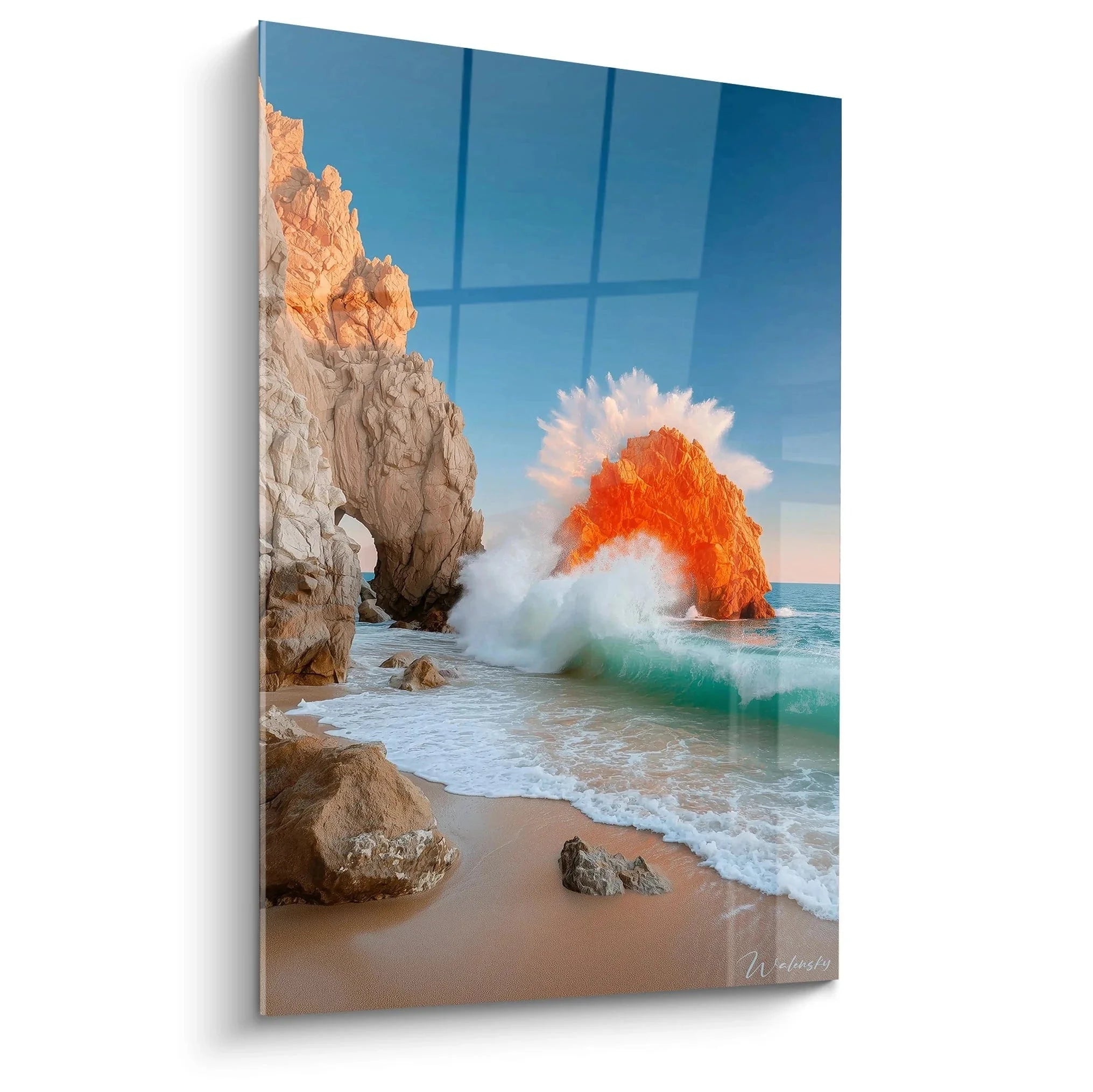 Wandbild Meeresklippen mit dramatischen Felswänden und türkisem Meer bei Sonnenuntergang