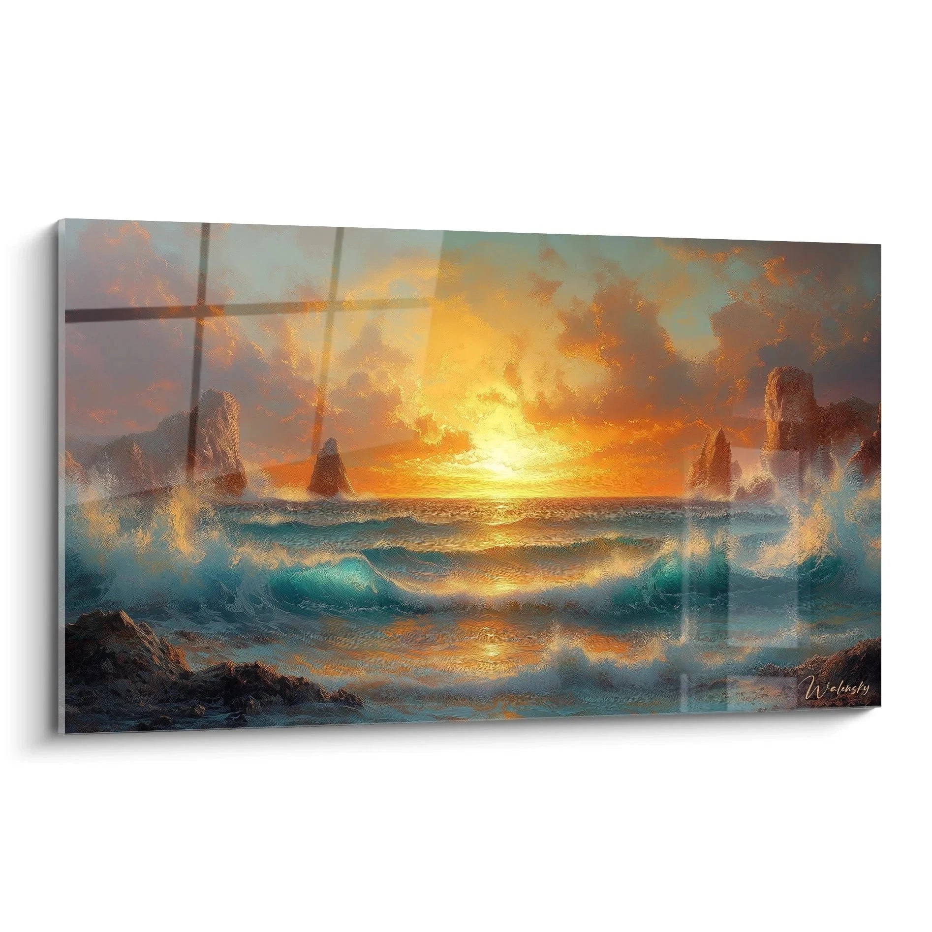 Wandbild dramatische Meereslandschaft mit goldenem Sonnenuntergang und kraftvoller Brandung zwischen Felsen