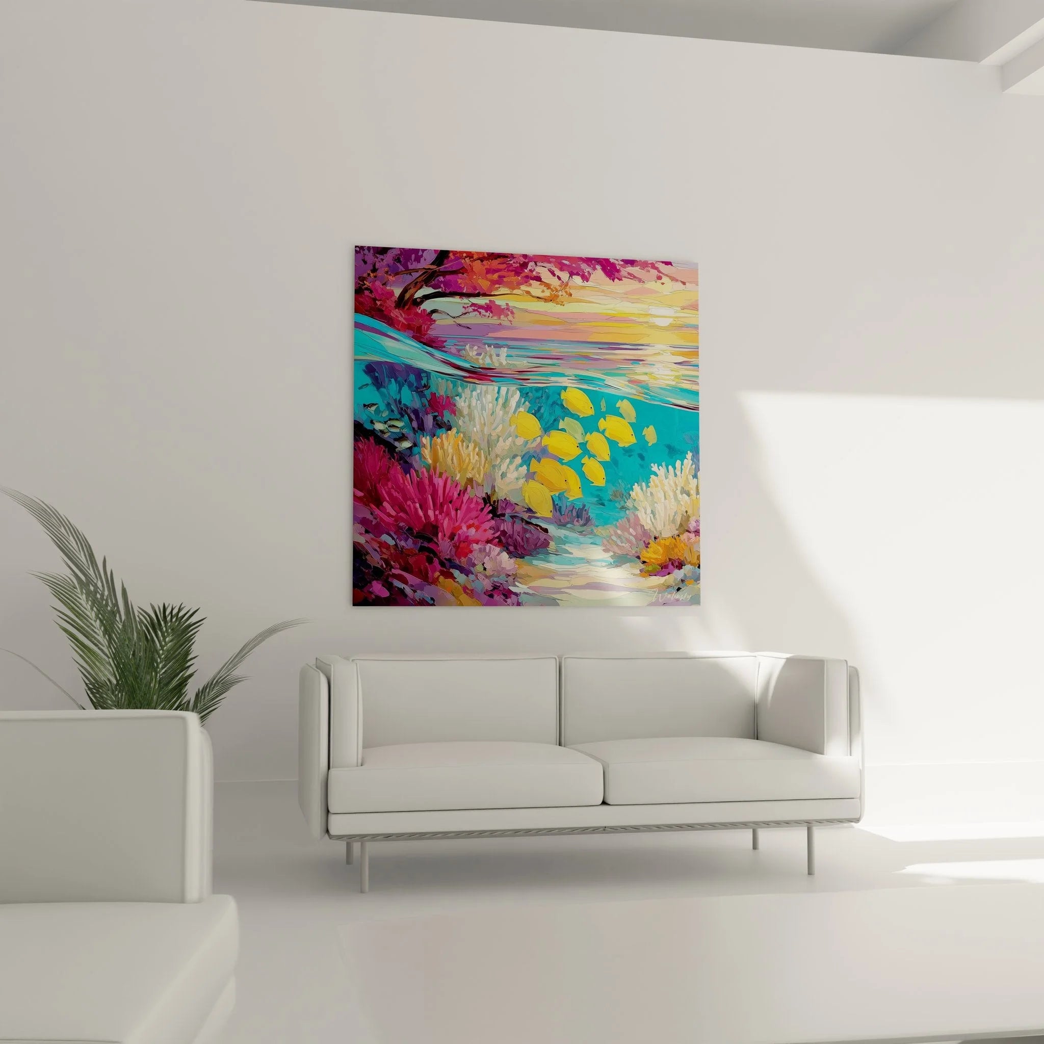 Detailansicht Wandbild Meereslandschaft, bunte Korallen und Fische in türkisblauem Wasser