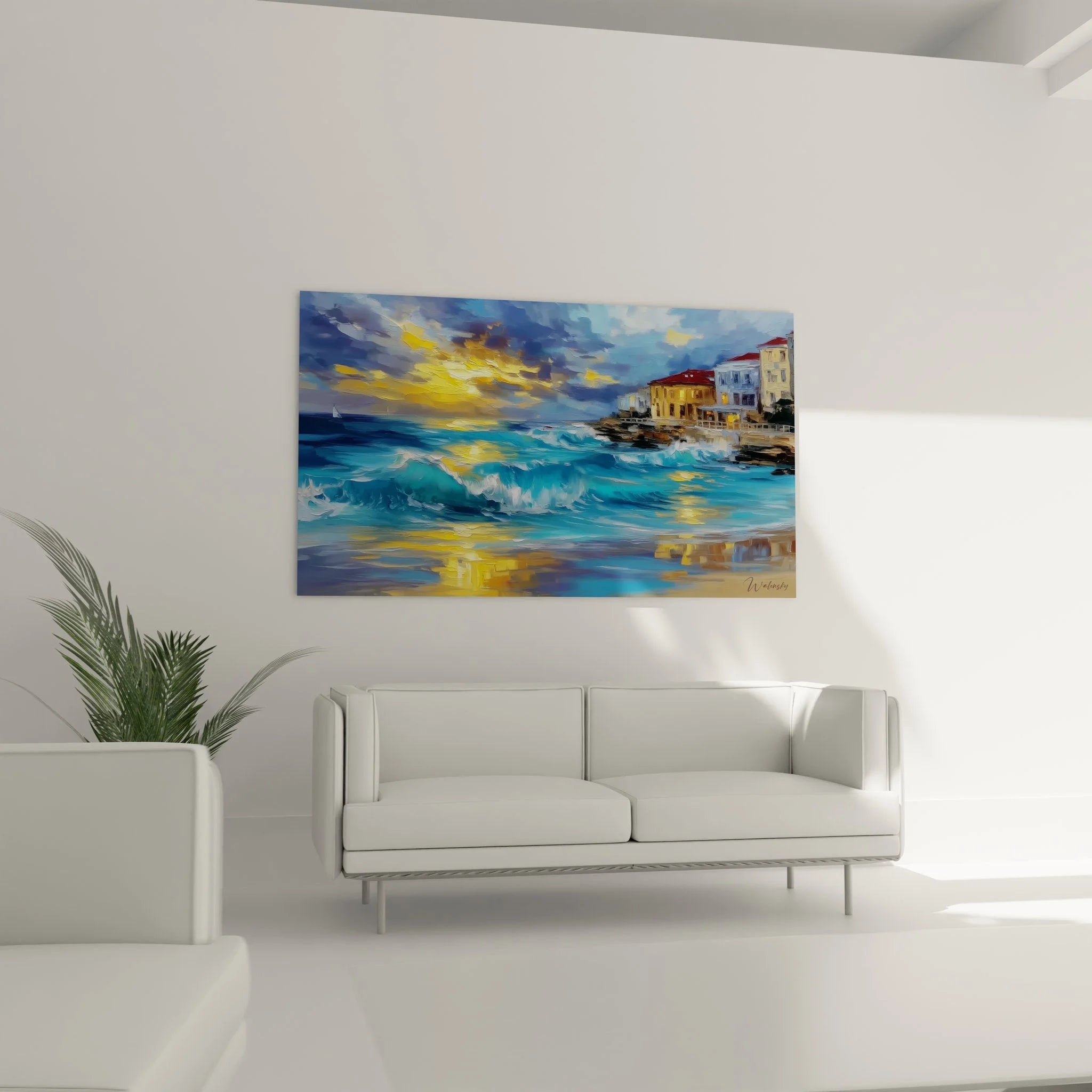 Nahaufnahme Wandbild Details türkisfarbene Meereswellen und goldene Lichtreflexe