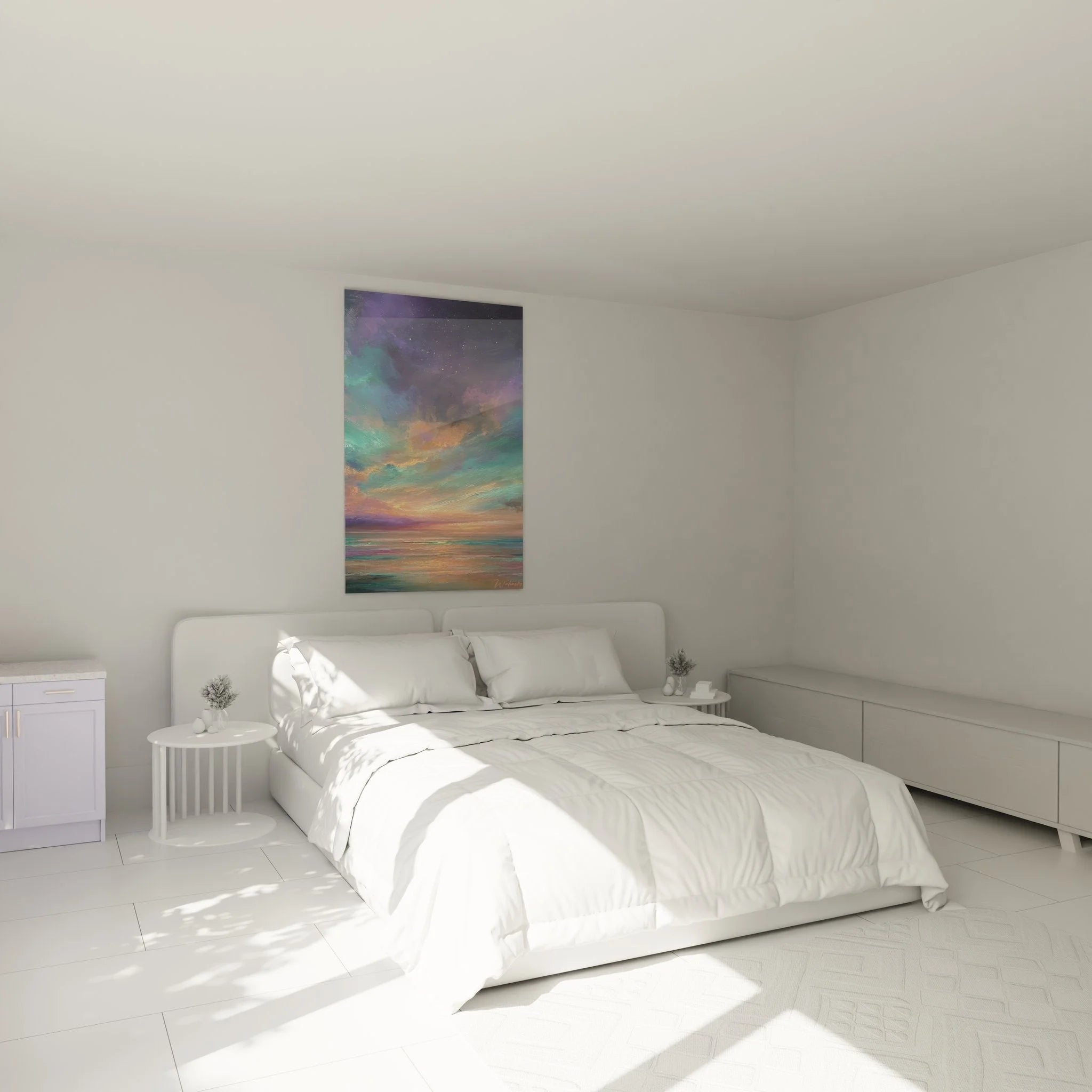 Wandbild Meereslandschaft Nordlicht in Schlafzimmer Ambiente - entspannende Wanddekoration XXL