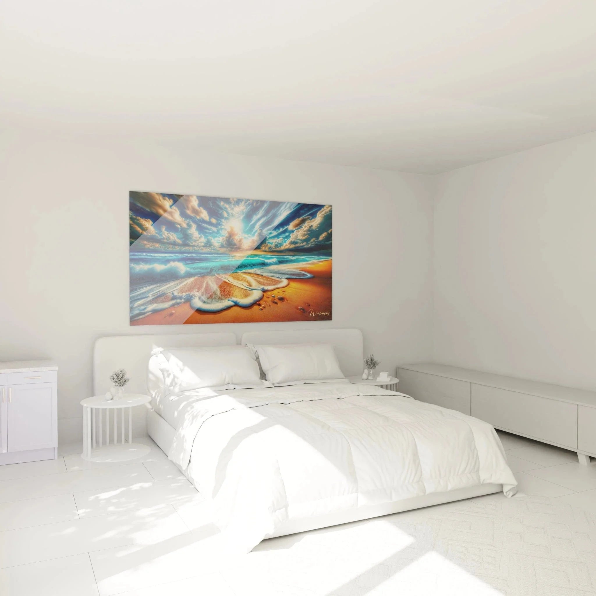 Wandbild Meereslandschaft in modernem Schlafzimmer mit Sonnenuntergang Ozean Motiv als Wanddekoration