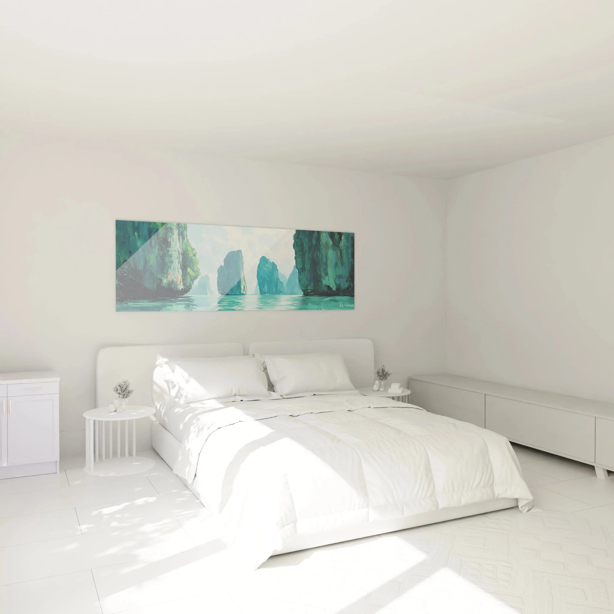 Wandbild Meereslandschaft im Schlafzimmer - Beruhigende türkisfarbene Karstlandschaft als Wanddeko