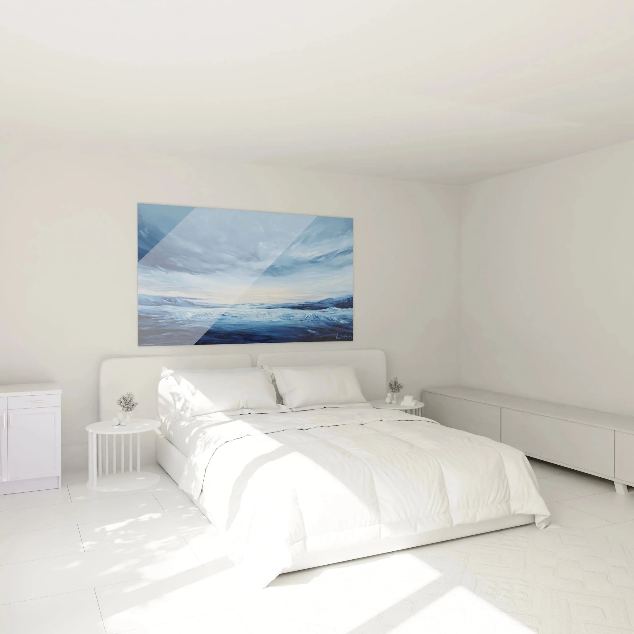 Wandbild Meereslandschaft Blau im Schlafzimmer - Maritime Wanddekoration für beruhigende Raumatmosphäre
