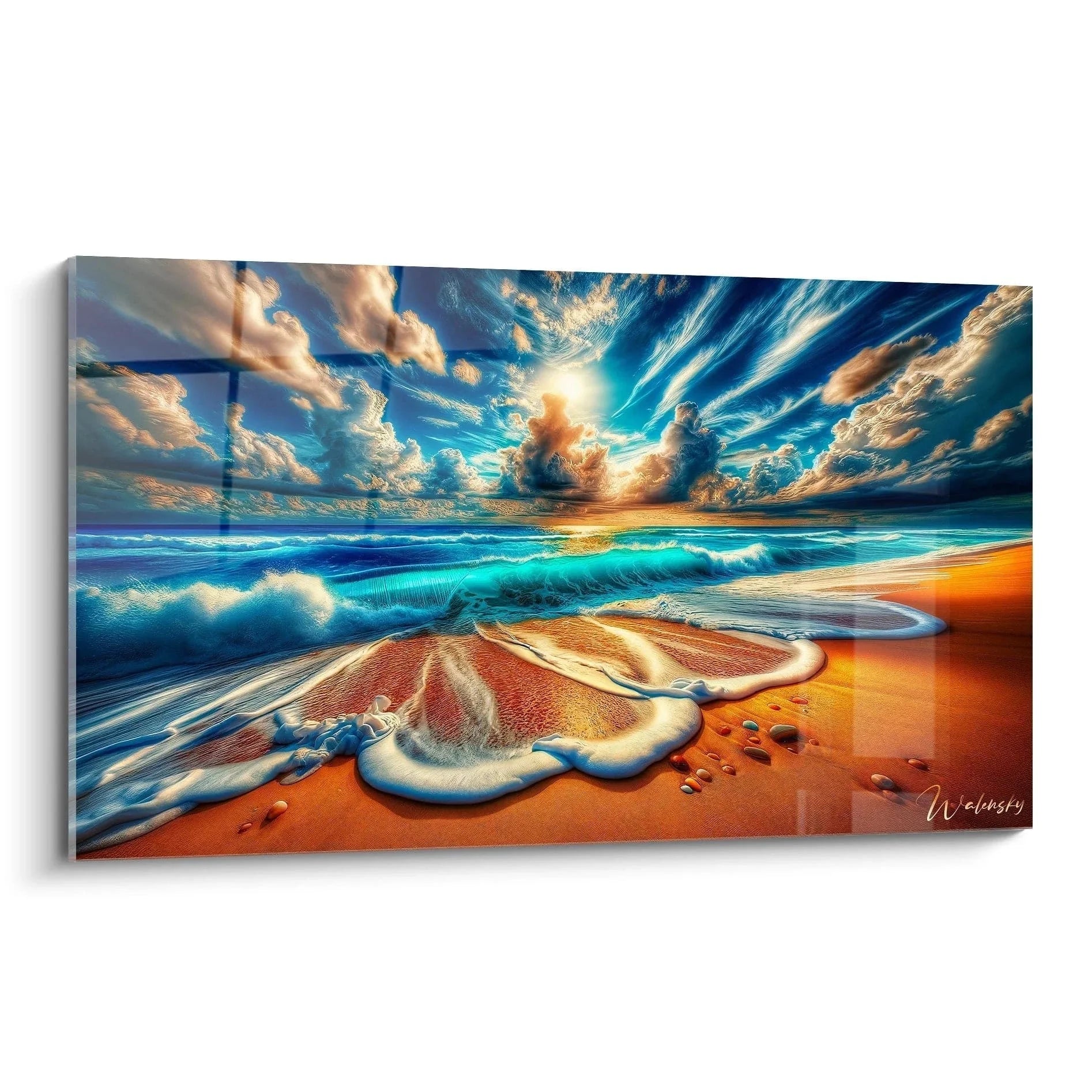 Wandbild Meereslandschaft XXL mit dramatischem Sonnenuntergang und türkisblauen Wellen am goldenen Strand