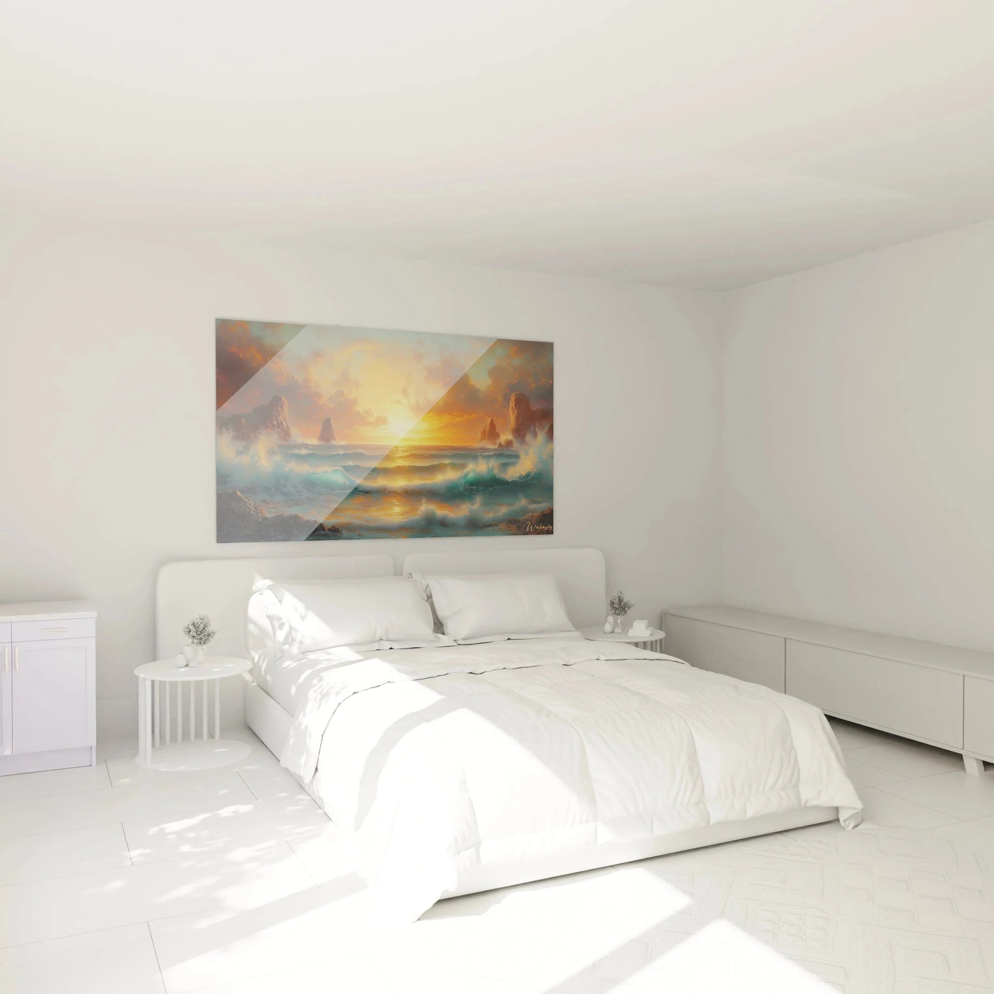 Wandbild Meereslandschaft Sonnenuntergang als Schlafzimmer Dekoration über dem Bett in eleganter Raumatmosphäre
