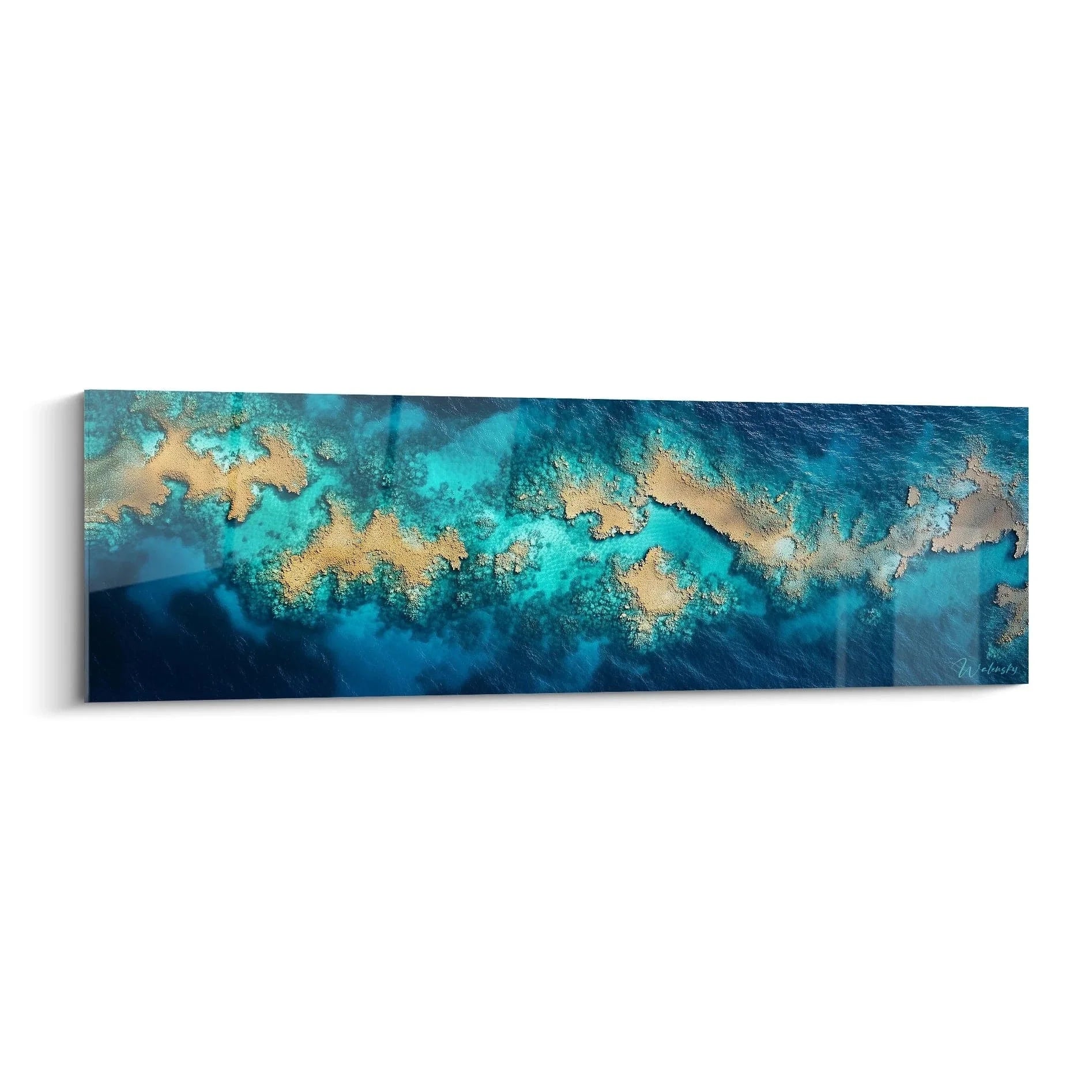 Wandbild Meereslandschaft türkis mit goldenen Sandbänken - Edition Strand Küsten Dekoration