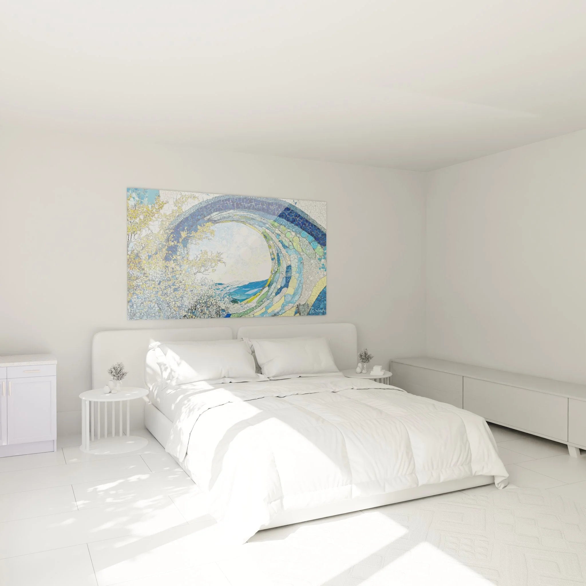 Wandbild Meereswelle Mosaik im Schlafzimmer Ambiente mit blauer Spirale und Ozean Motiv