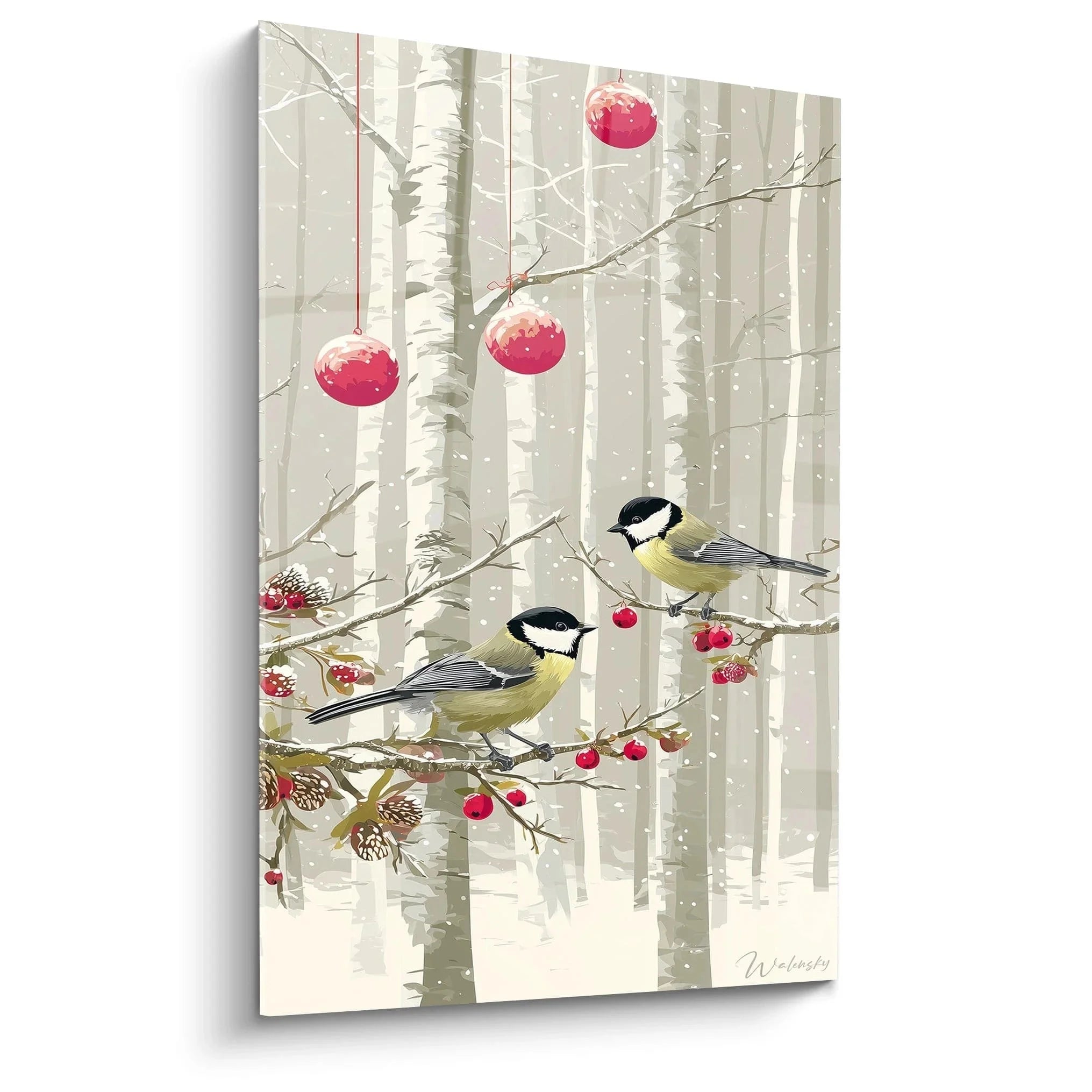 Wandbild Meisen Winter mit Christbaumkugeln im verschneiten Birkenwald - Weihnachtliche Vogeldekoration