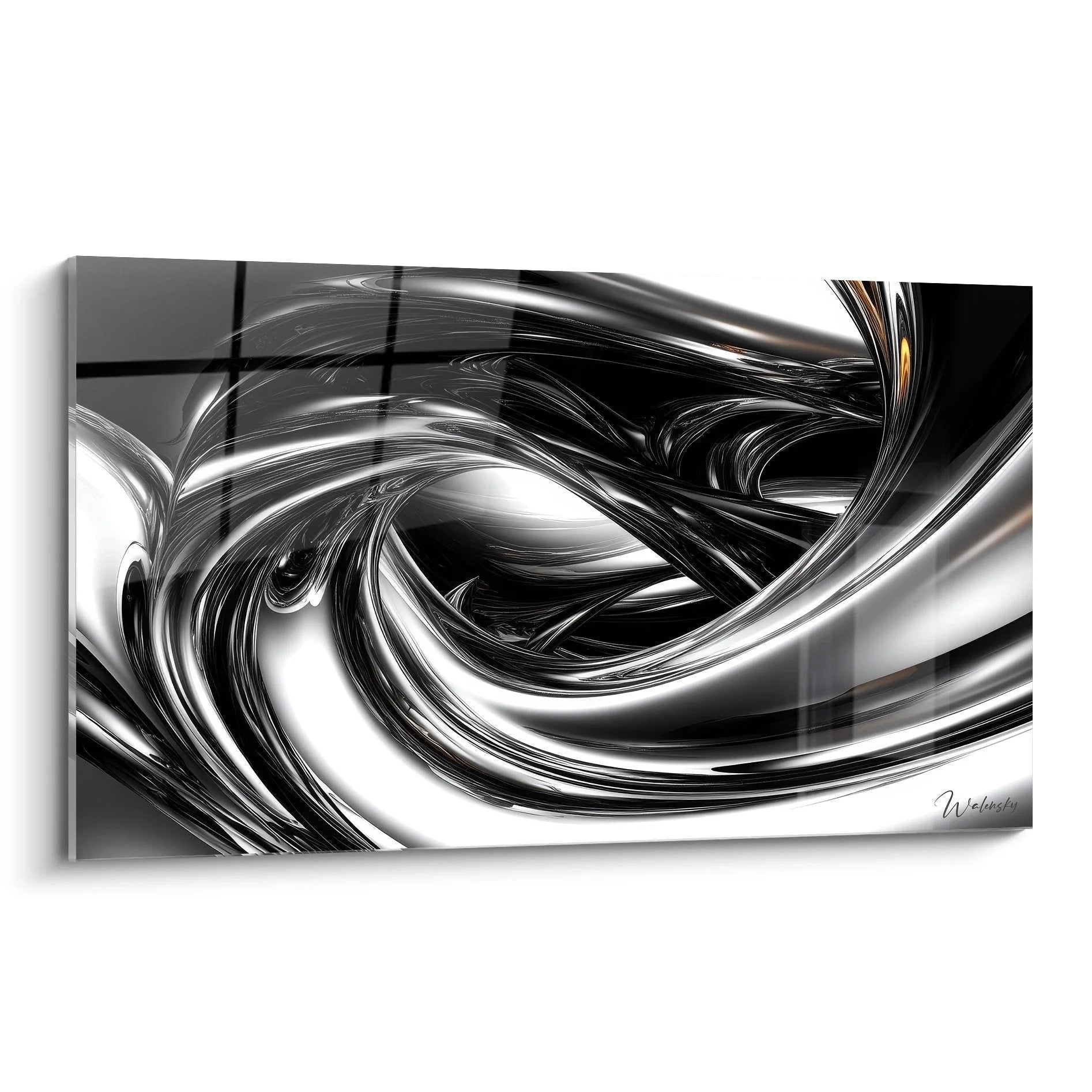 Wandbild metallische Spiralen in Schwarz-Weiß mit glänzenden abstrakten Formen für moderne Wanddekoration