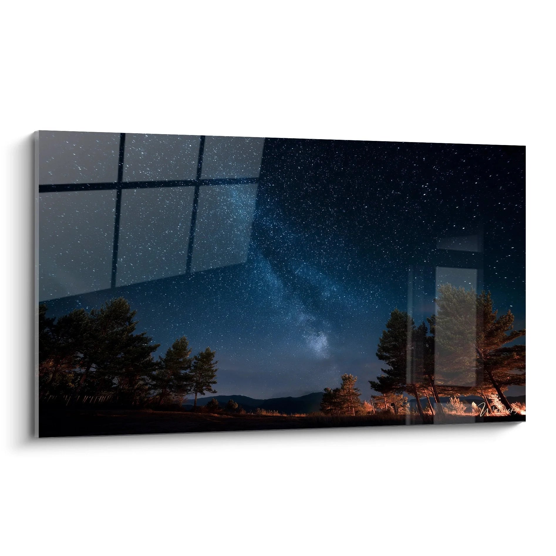 Wandbild Milchstraße durch Fenster mit Sternen und Waldlandschaft bei Nacht - Edition Sternenhimmel