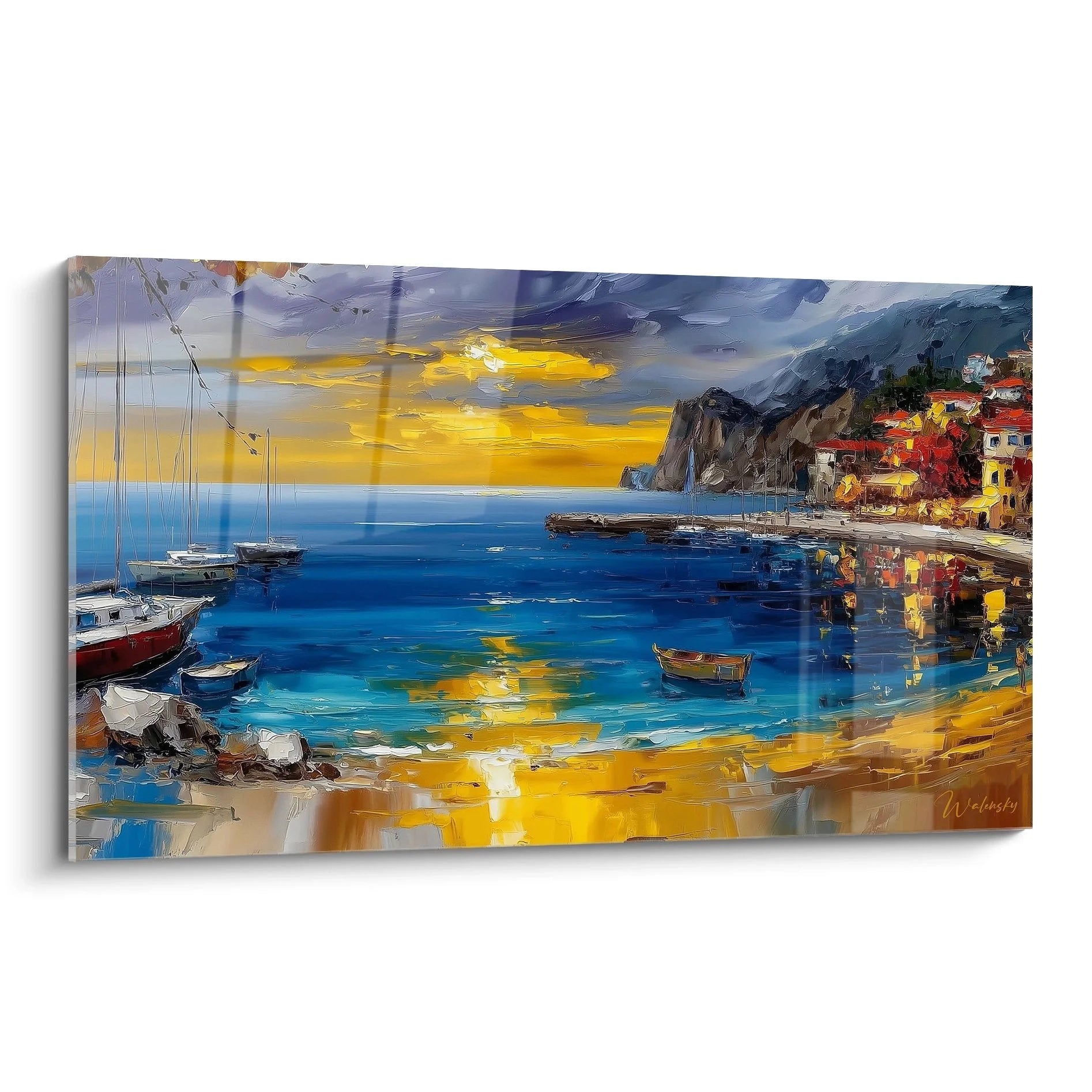 Wandbild Mittelmeerhafen mit Sonnenuntergang, Boote und bunte Häuser am Wasser impressionistisch gemalt