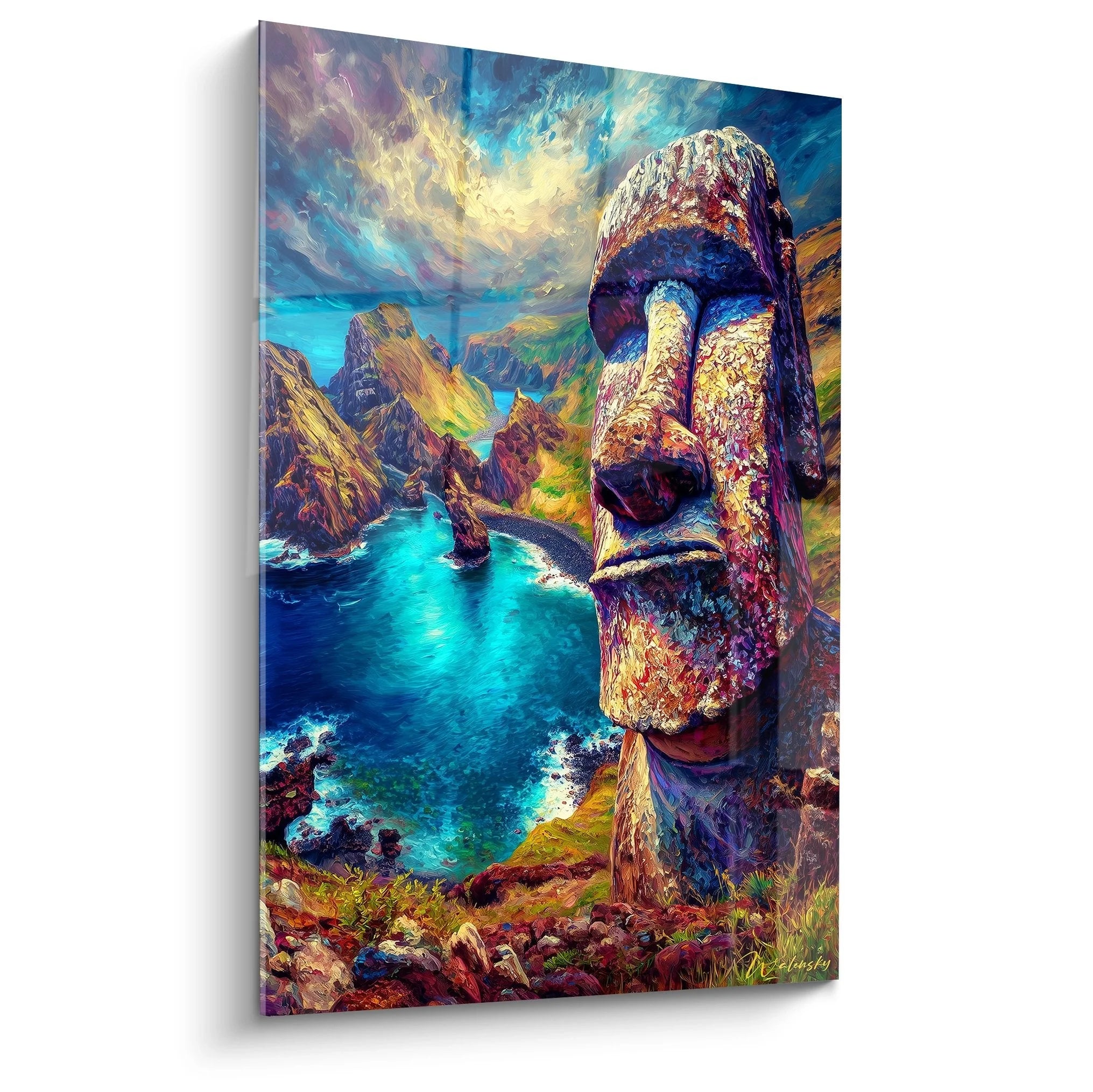 Wandbild Moai Osterinsel mit mystischer Steinstatue und türkisblauem Pazifik in lebendigen Farben