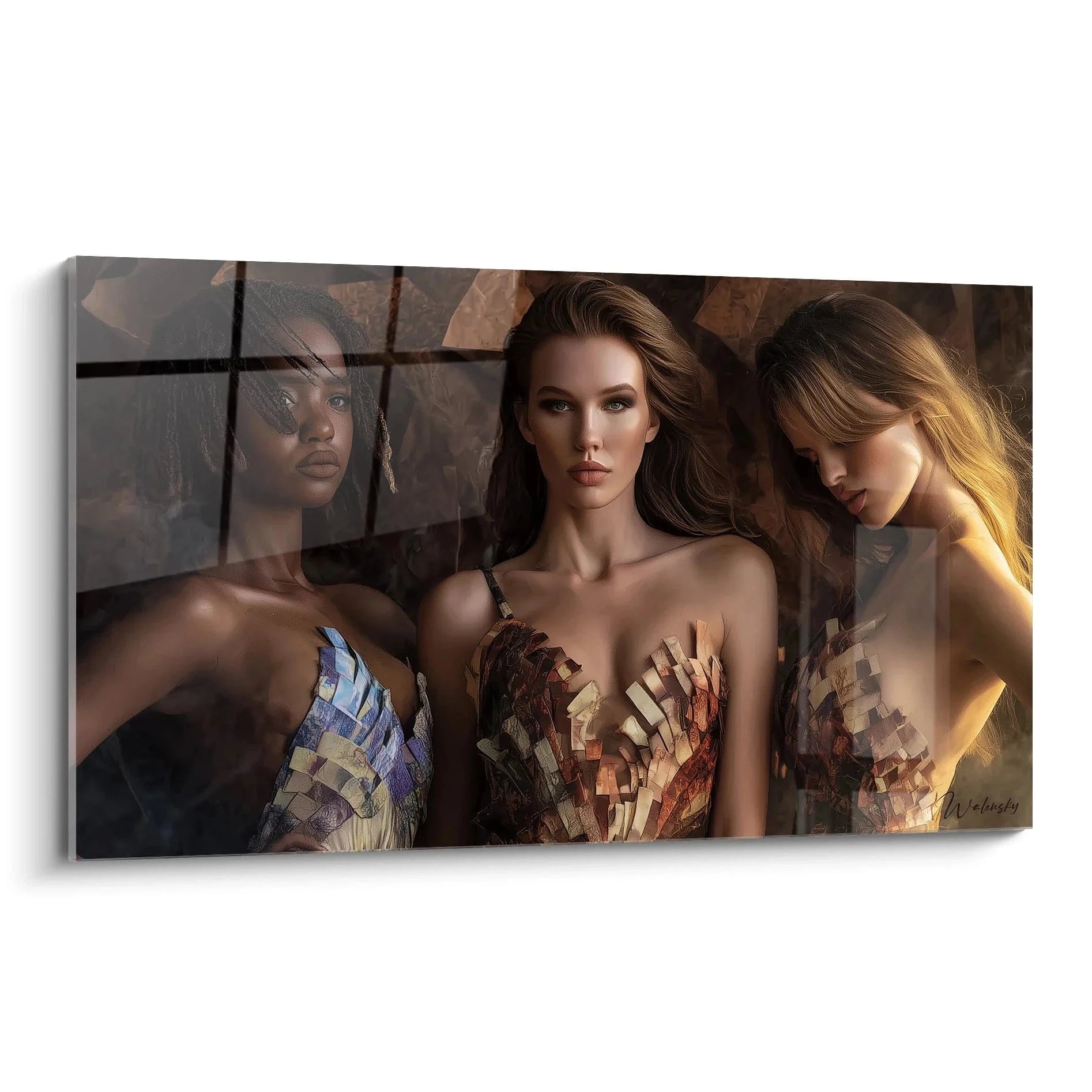 Wandbild Mode Frauen mit Spiegeleffekten, Haute Couture Design, elegante Fashion Wanddekoration für Wohnzimmer