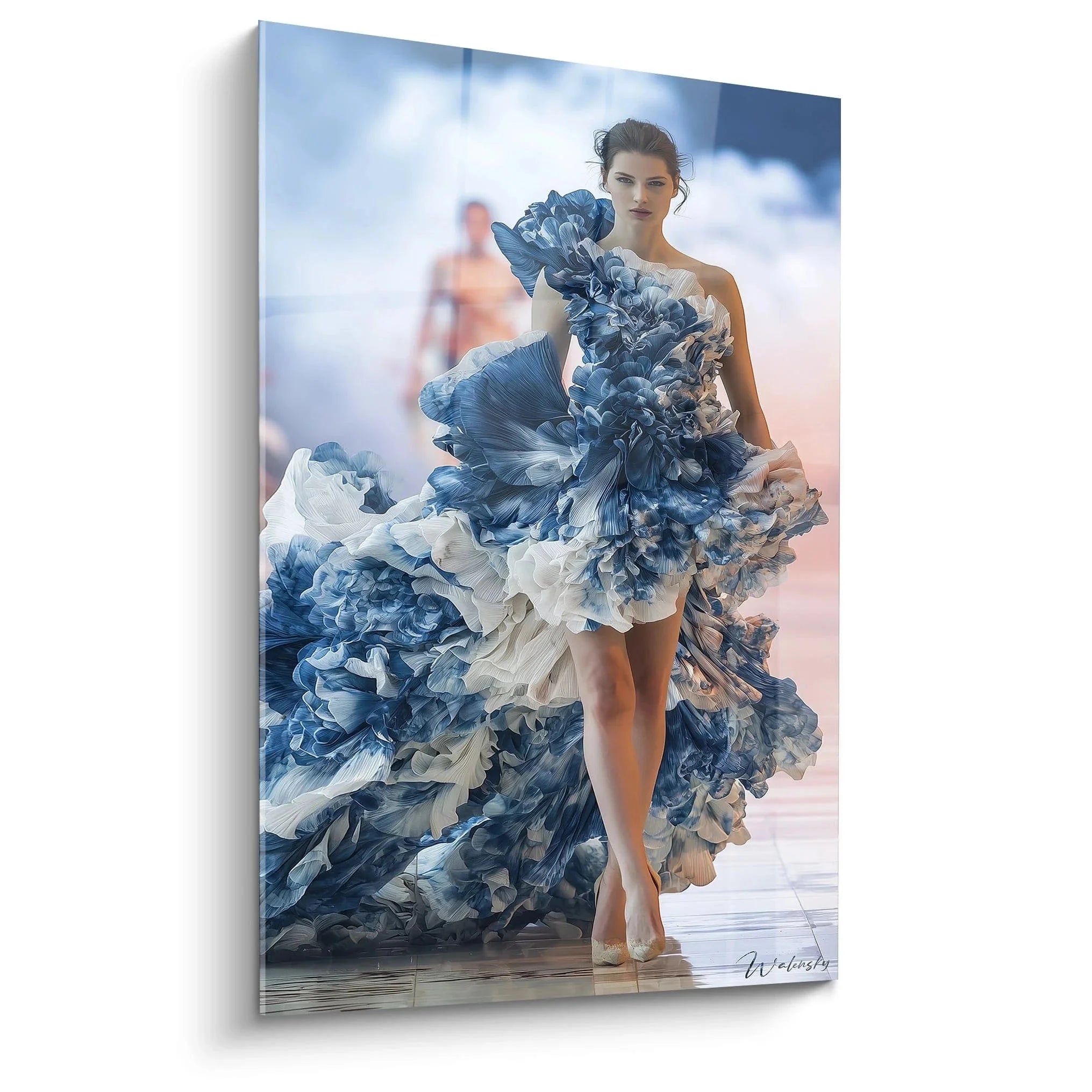 Wandbild Model elegantes blaues Rüschenkleid Haute Couture Laufsteg Fashion Photography