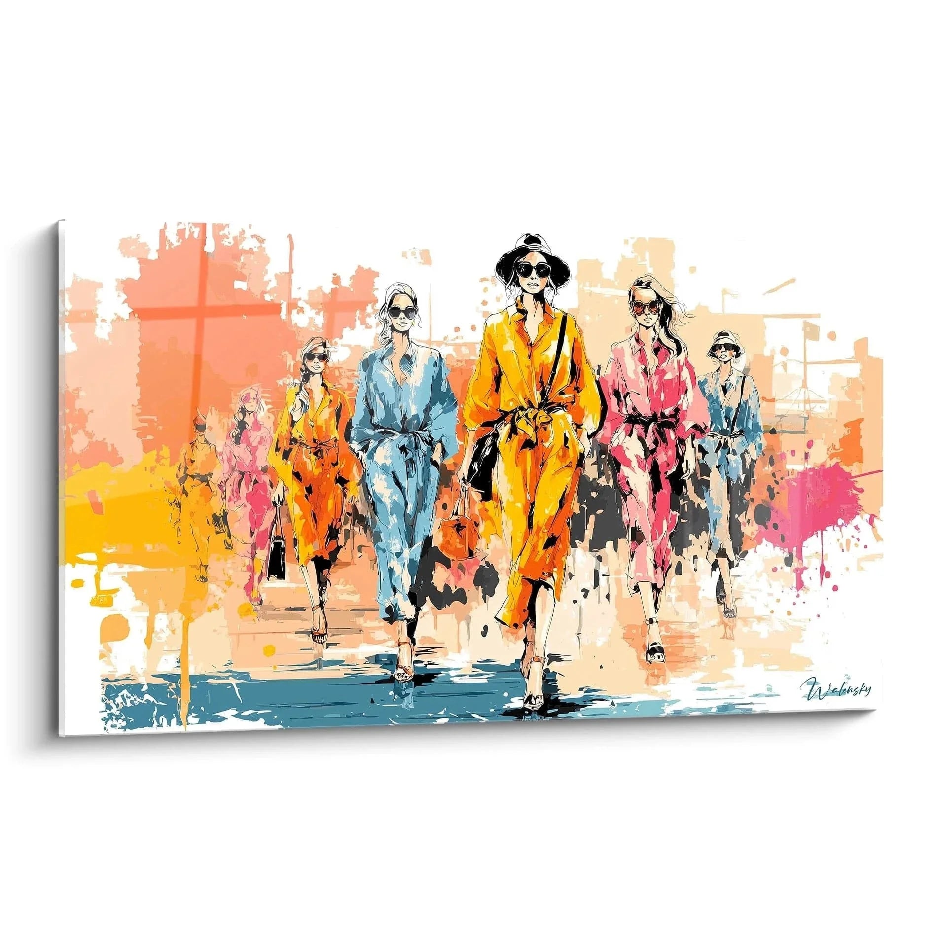 Wandbild Modenschau Aquarell mit sieben eleganten Models in bunten Gewändern auf Fashion Week Runway