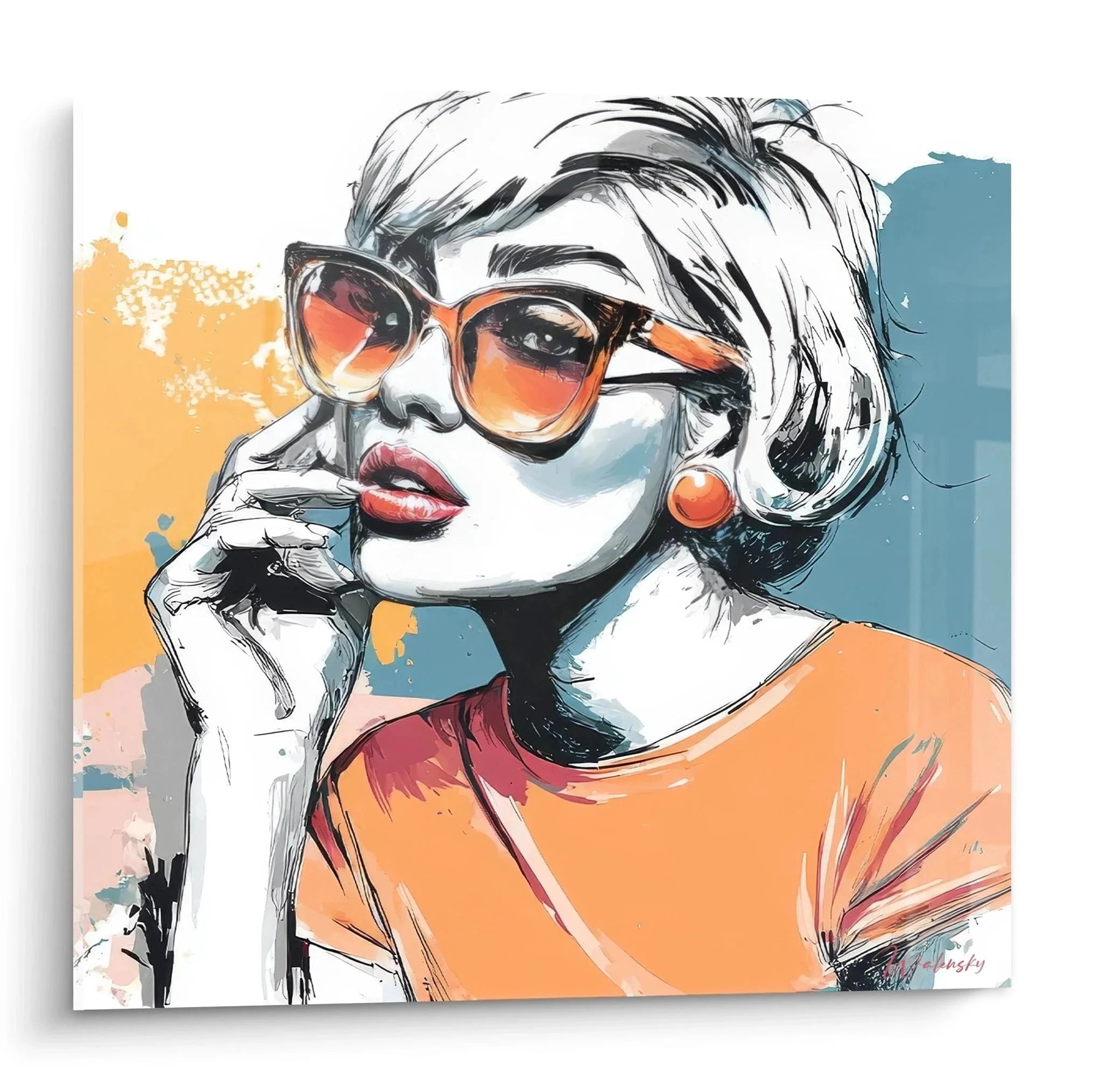 Wandbild Modeskizze elegante Frau mit Sonnenbrille im Vintage Stil, orange Bluse, Modeillustration Wandkunst