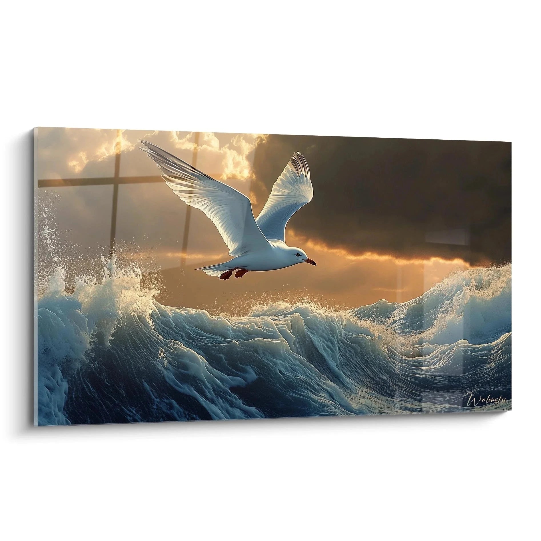 Wandbild Möwe fliegend über stürmische Meereswellen mit dramatischem Himmel - Maritime Wandkunst