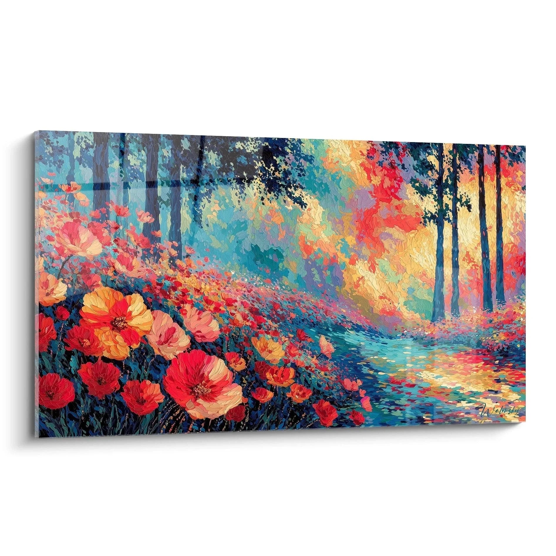 Wandbild Mohnblumenfeld Pointillismus Stil mit impressionistischer Waldlandschaft und leuchtenden Mohnblumen