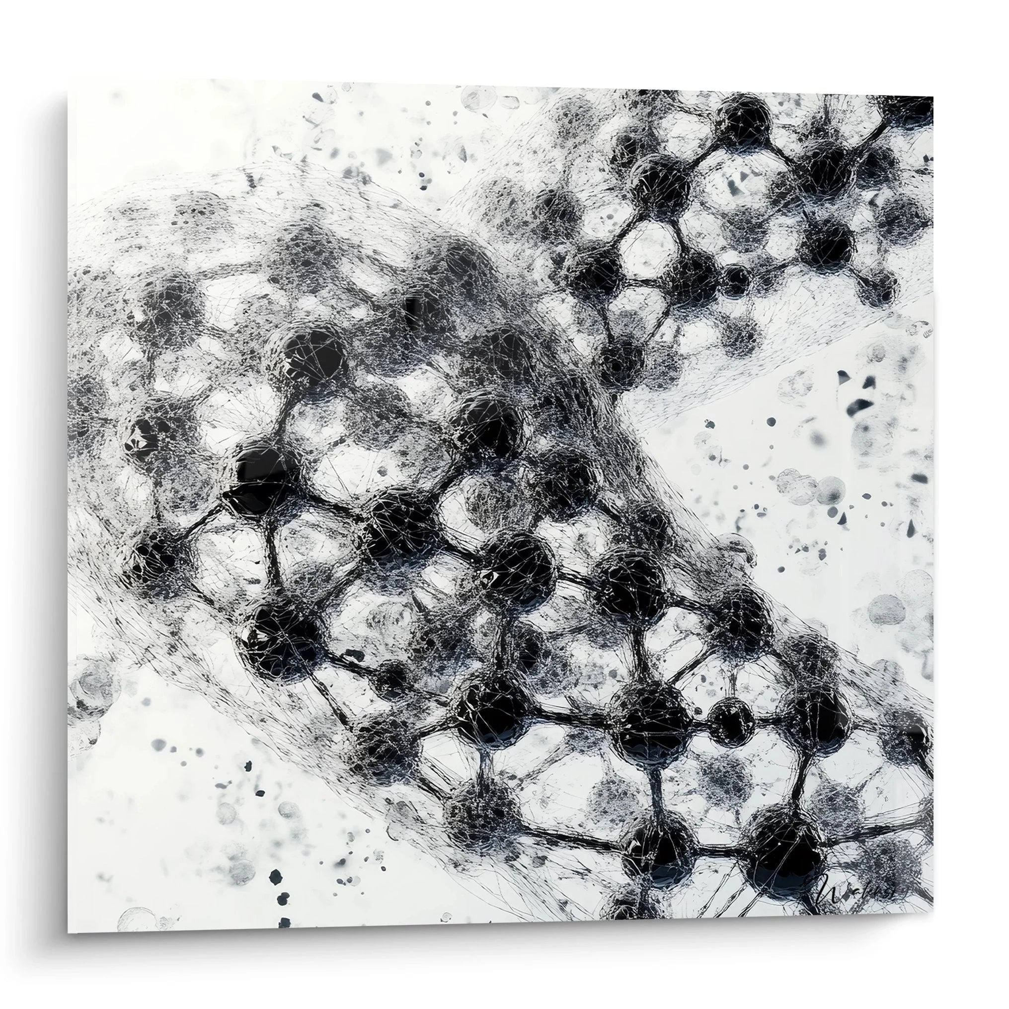 Wandbild Molekularstruktur schwarz-weiß mit verbundenen Atomen und wissenschaftlichen Strukturen