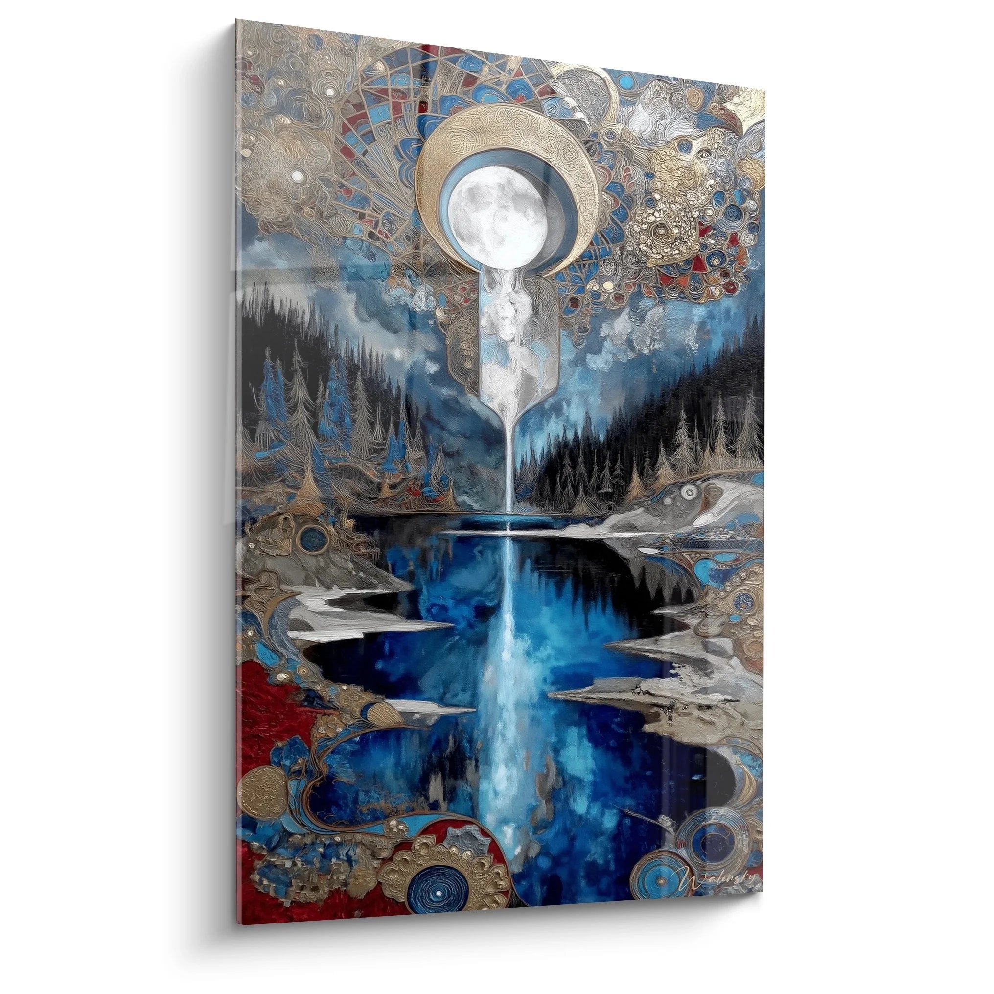 Wandbild Mondfall Wasserfall mit mystischem Bergsee und ornamentalen Verzierungen in Blau-Gold