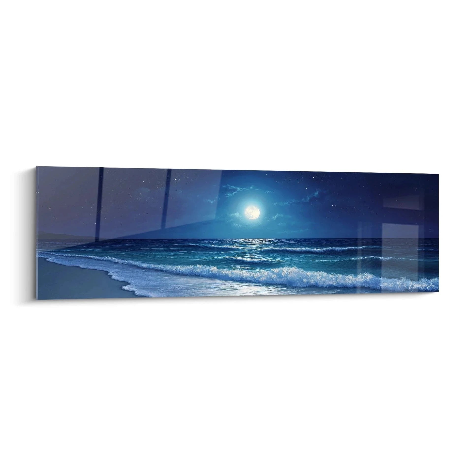 Wandbild Mondschein Ozean mit Vollmond über nächtlichem Strand und sanften Meereswellen in blauen Tönen