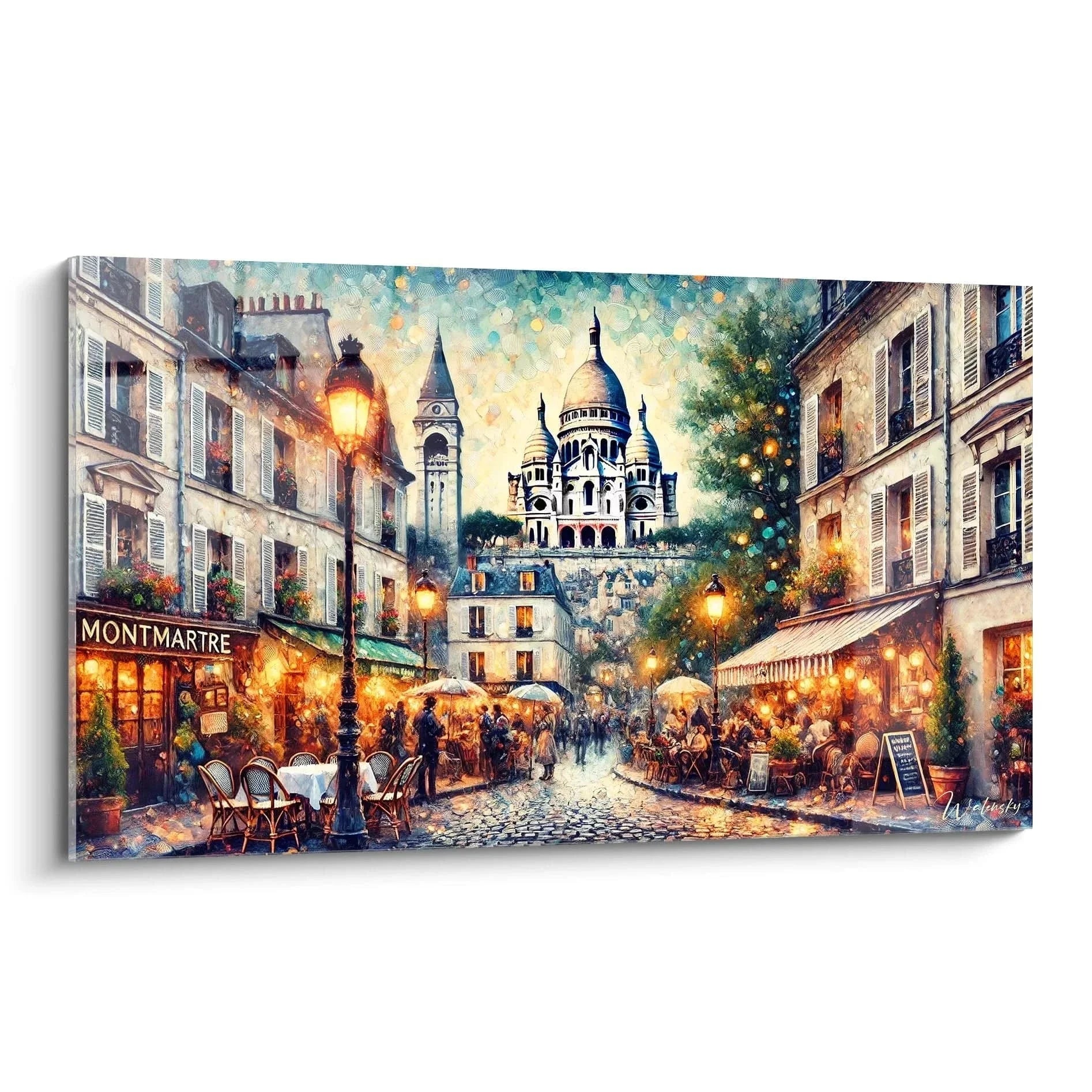 Wandbild Montmartre Paris mit Sacré-Cœur Basilika und romantischen Straßencafés bei Abendstimmung