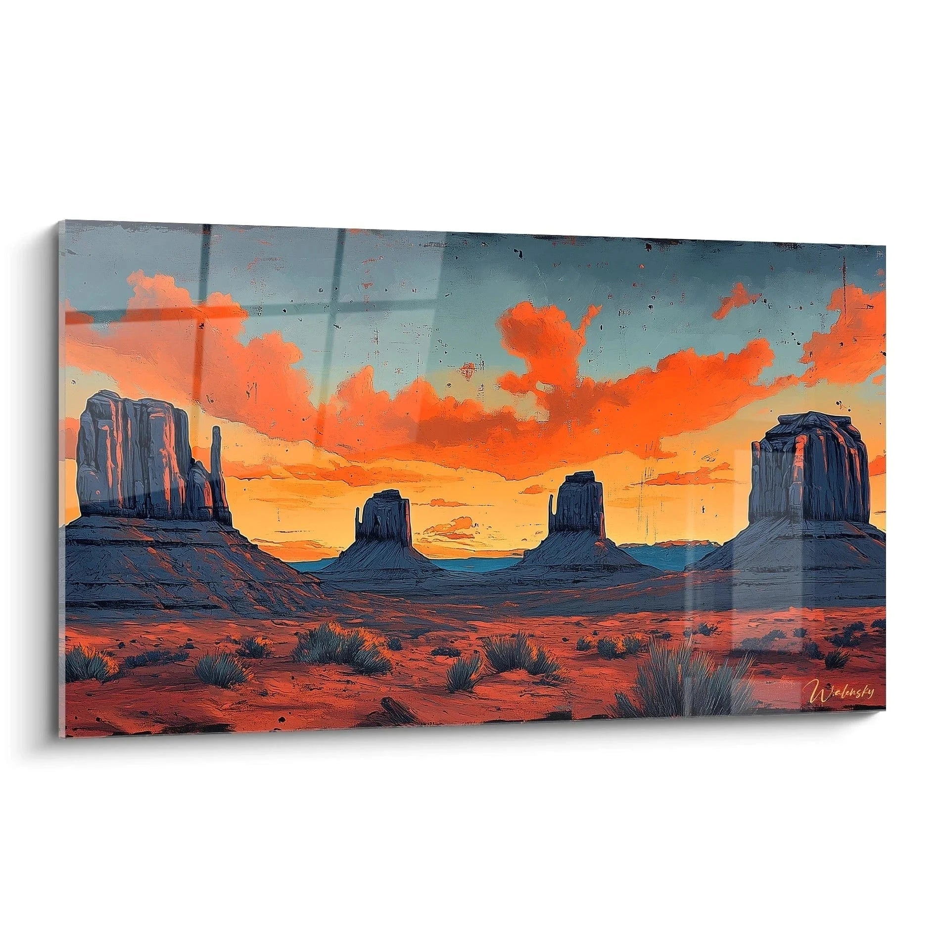 Wandbild Monument Valley Arizona Sonnenuntergang mit Tafelbergen und orangerotem Himmel Wüstenlandschaft