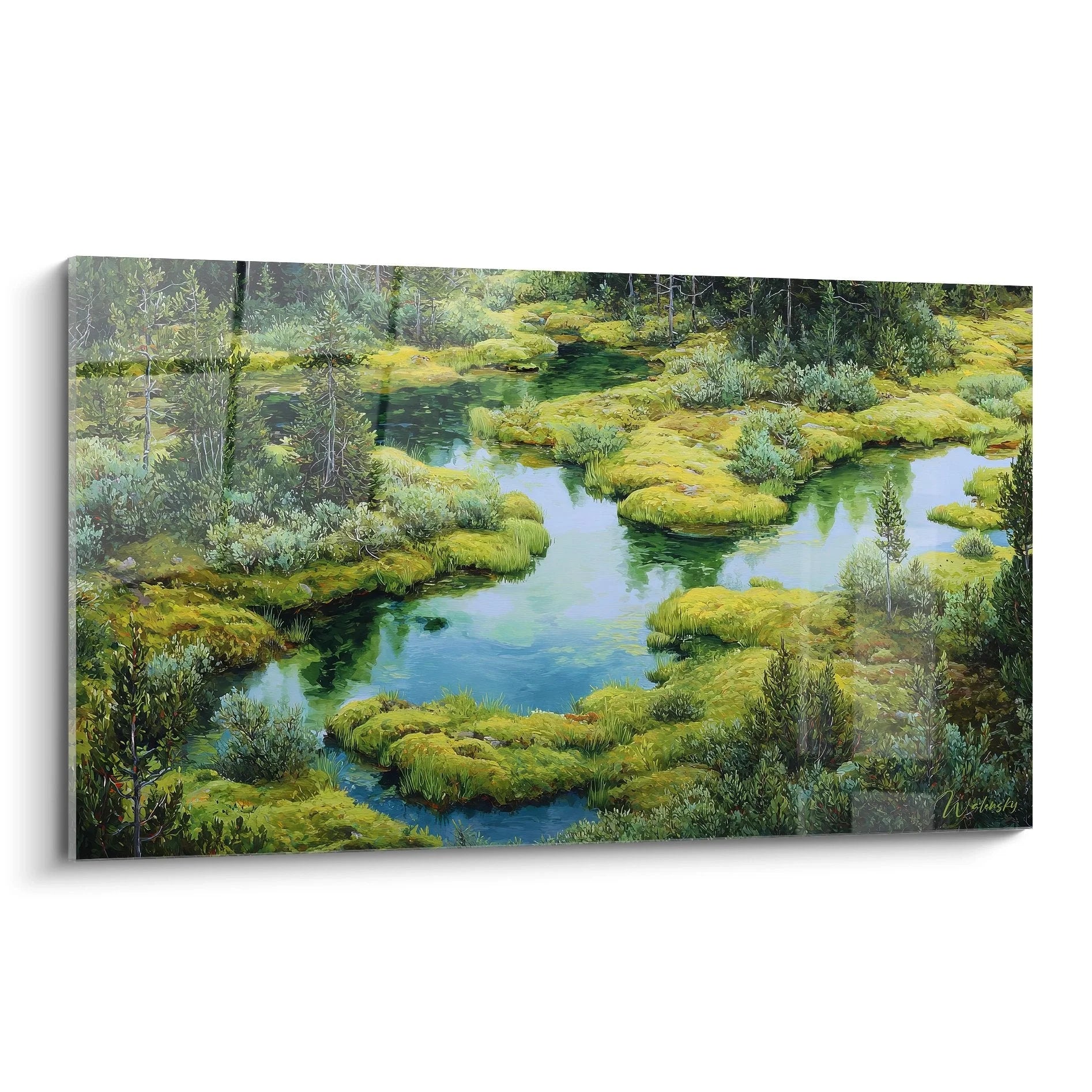 Wandbild Moorlandschaft mit smaragdgrünen Wasserflächen und dichtem Moosbewuchs - Naturkunst XXL