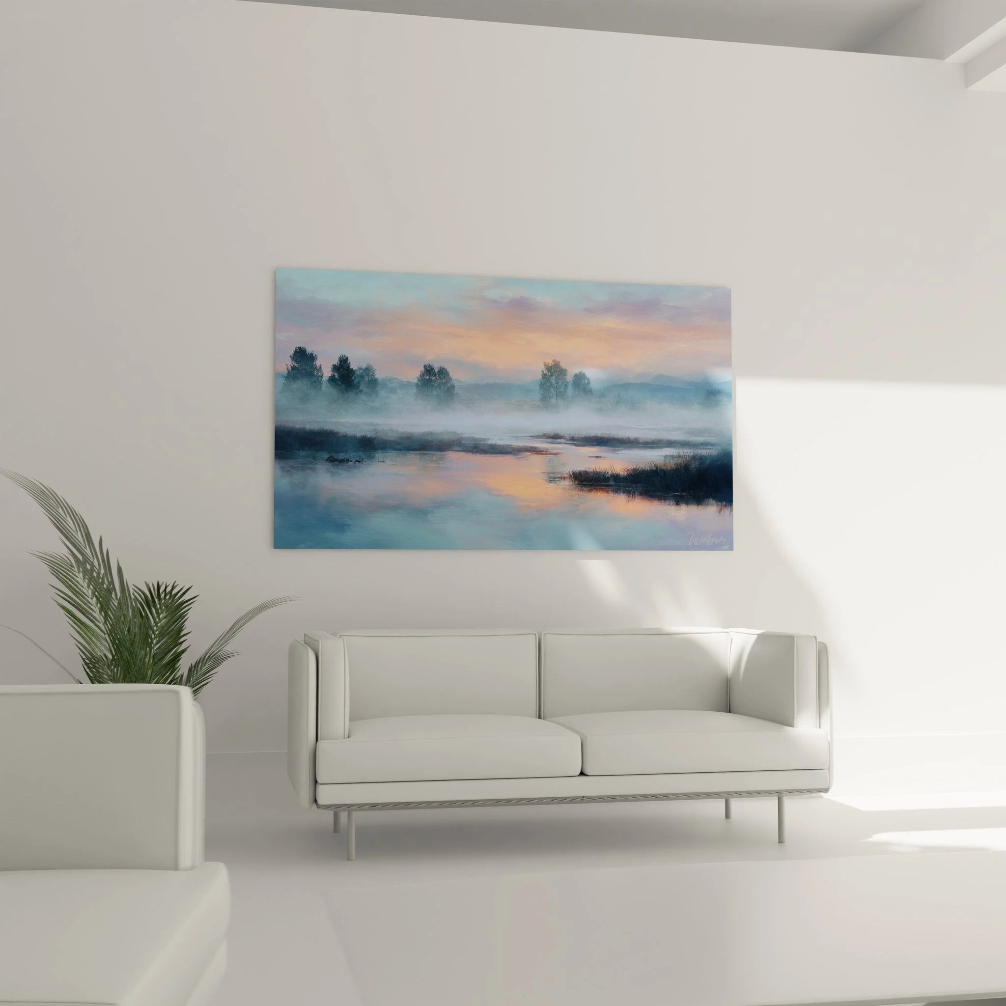 Detail Wandbild Morgennebel Fluss zeigt Pastellfarben Reflexion und mystische Landschaft Textur