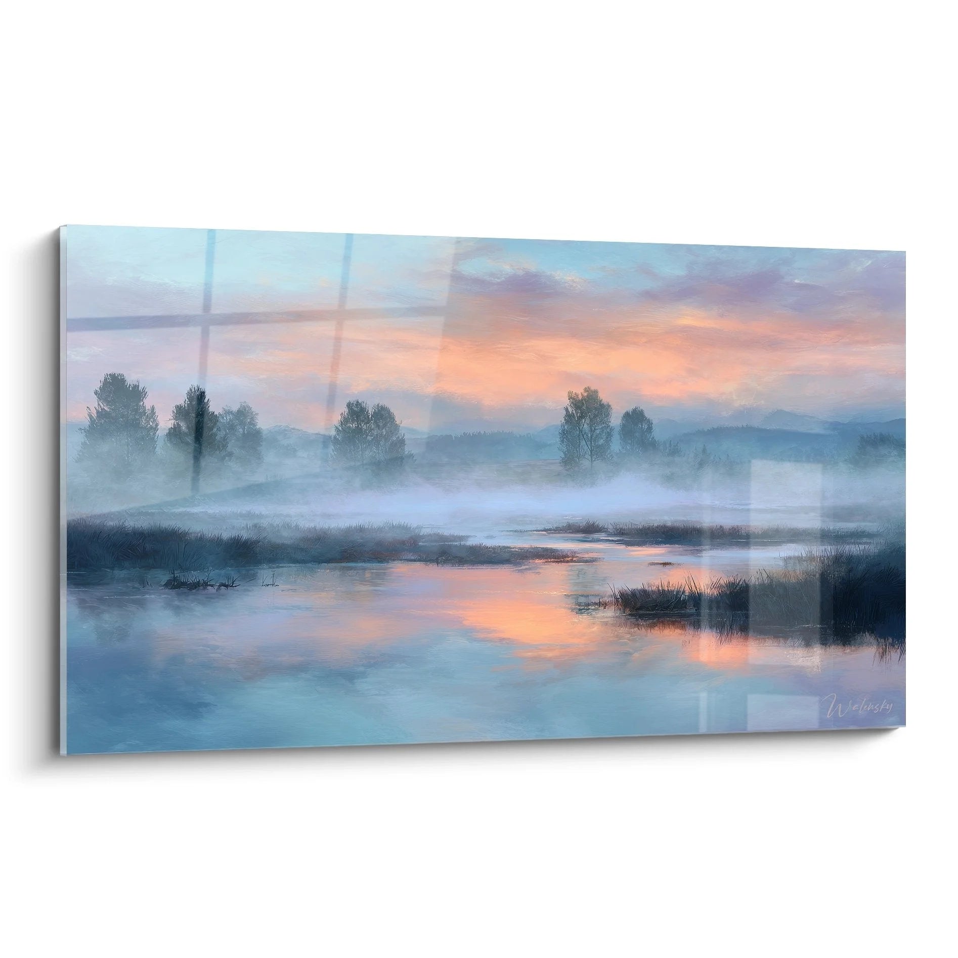 Wandbild Morgennebel über Fluss mit Pastellfarben Sonnenaufgang und mystischer Landschaft Atmosphäre